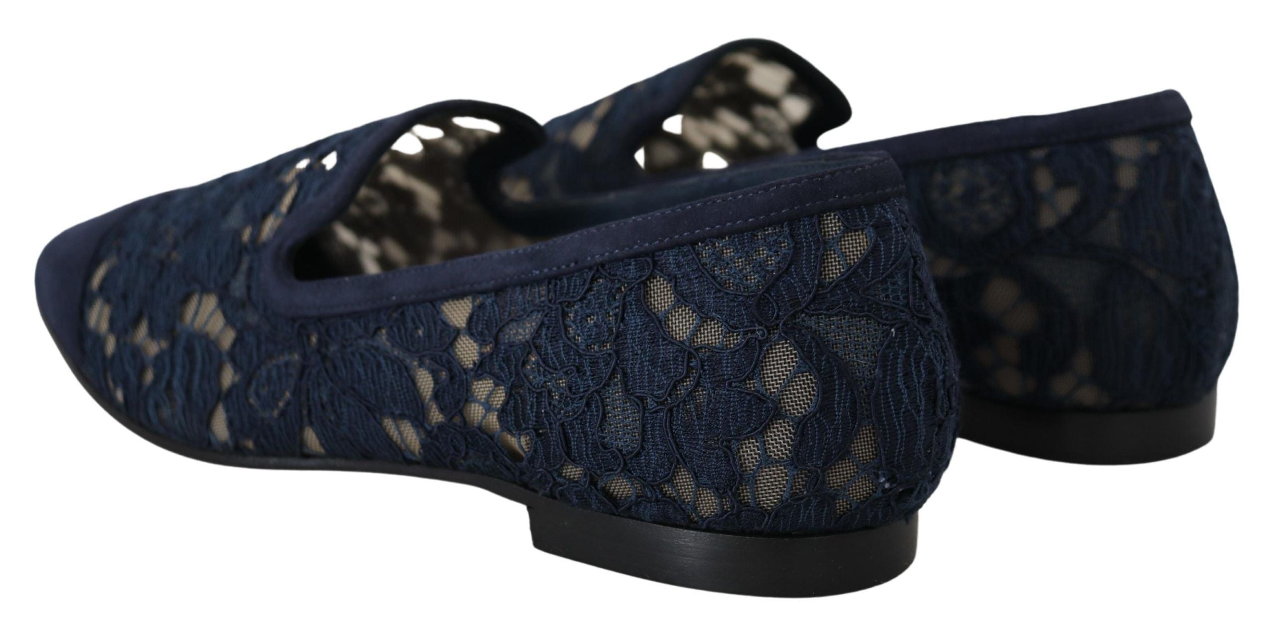 Blue Floral Lace Slip Ons Loafers Flats Shoes - ventzia