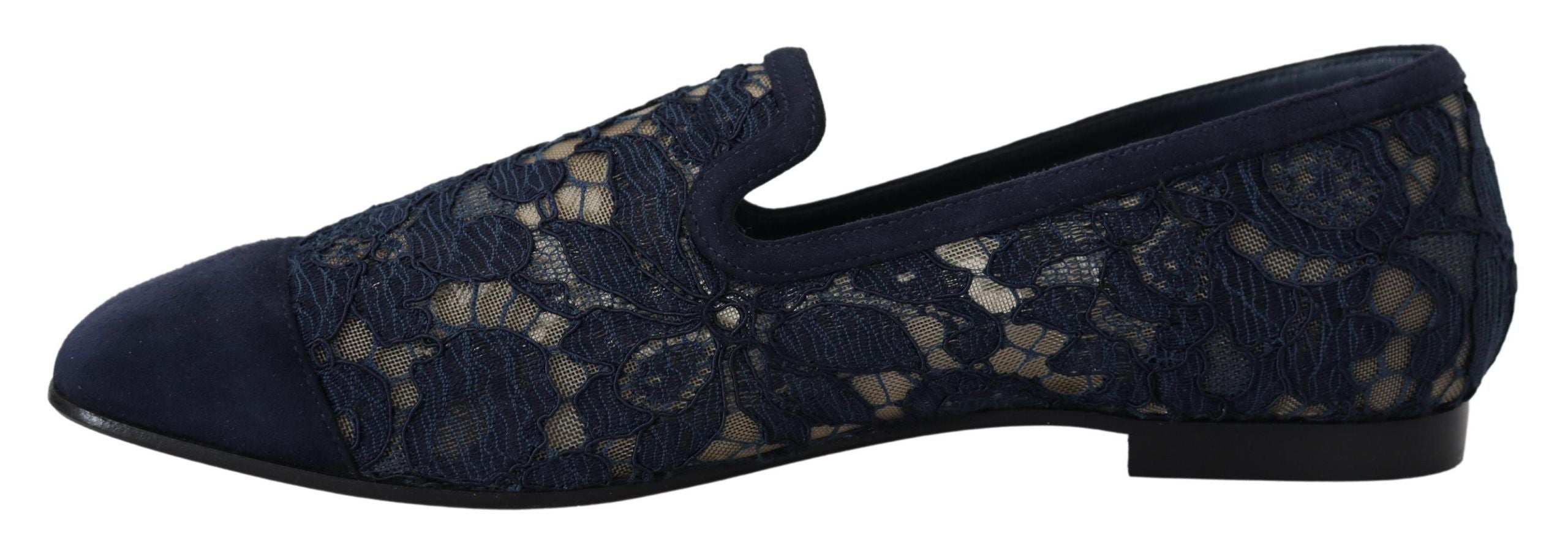 Blue Floral Lace Slip Ons Loafers Flats Shoes - ventzia