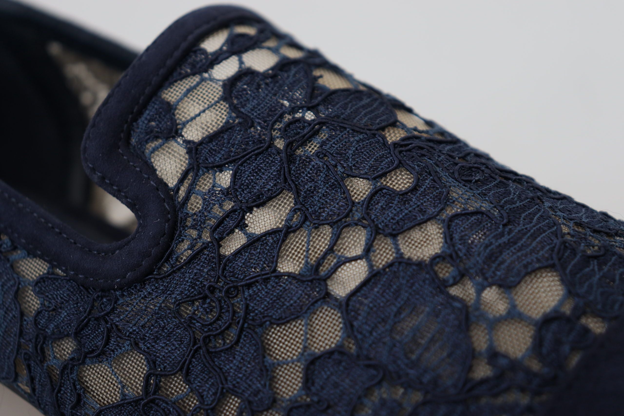 Blue Floral Lace Slip Ons Loafers Flats Shoes - ventzia