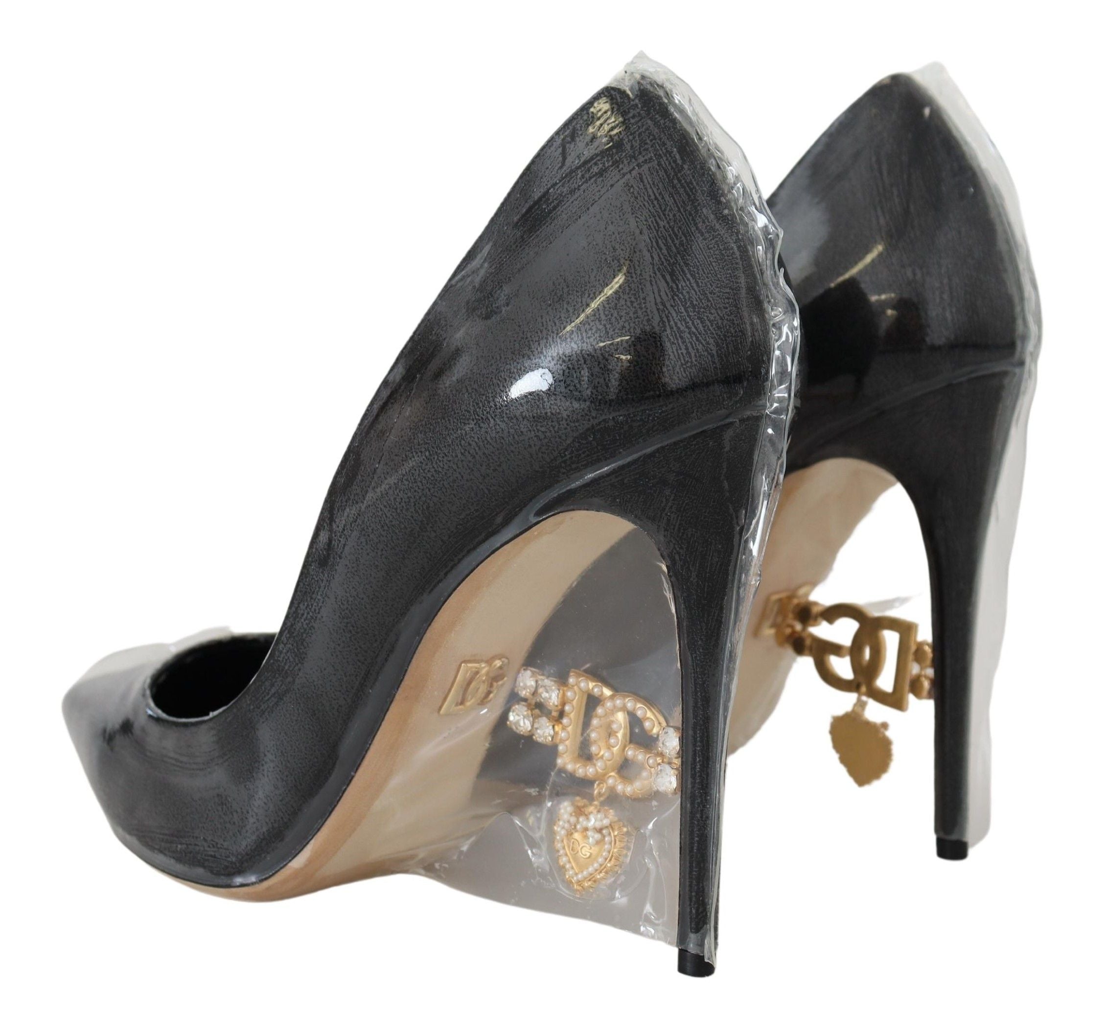 Black Leather Heels Pumps Plastic Wrapped Shoes - ventzia