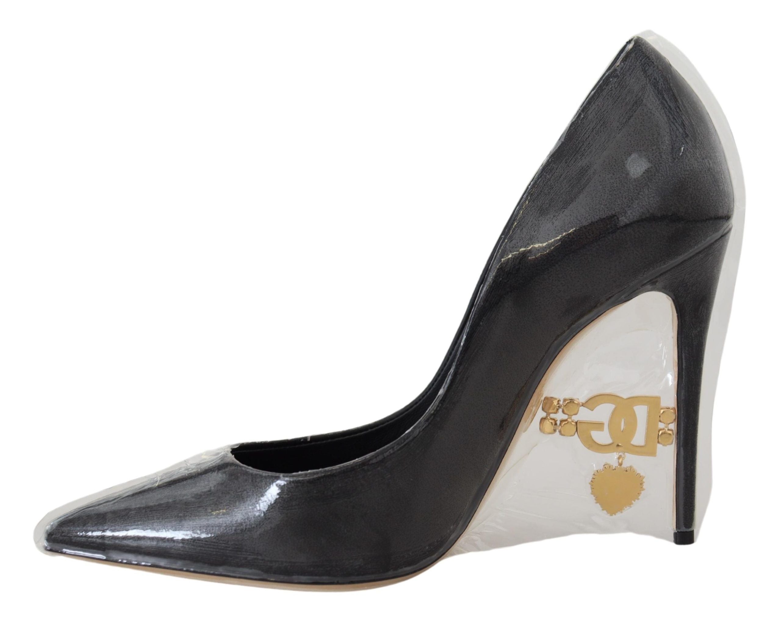 Black Leather Heels Pumps Plastic Wrapped Shoes - ventzia