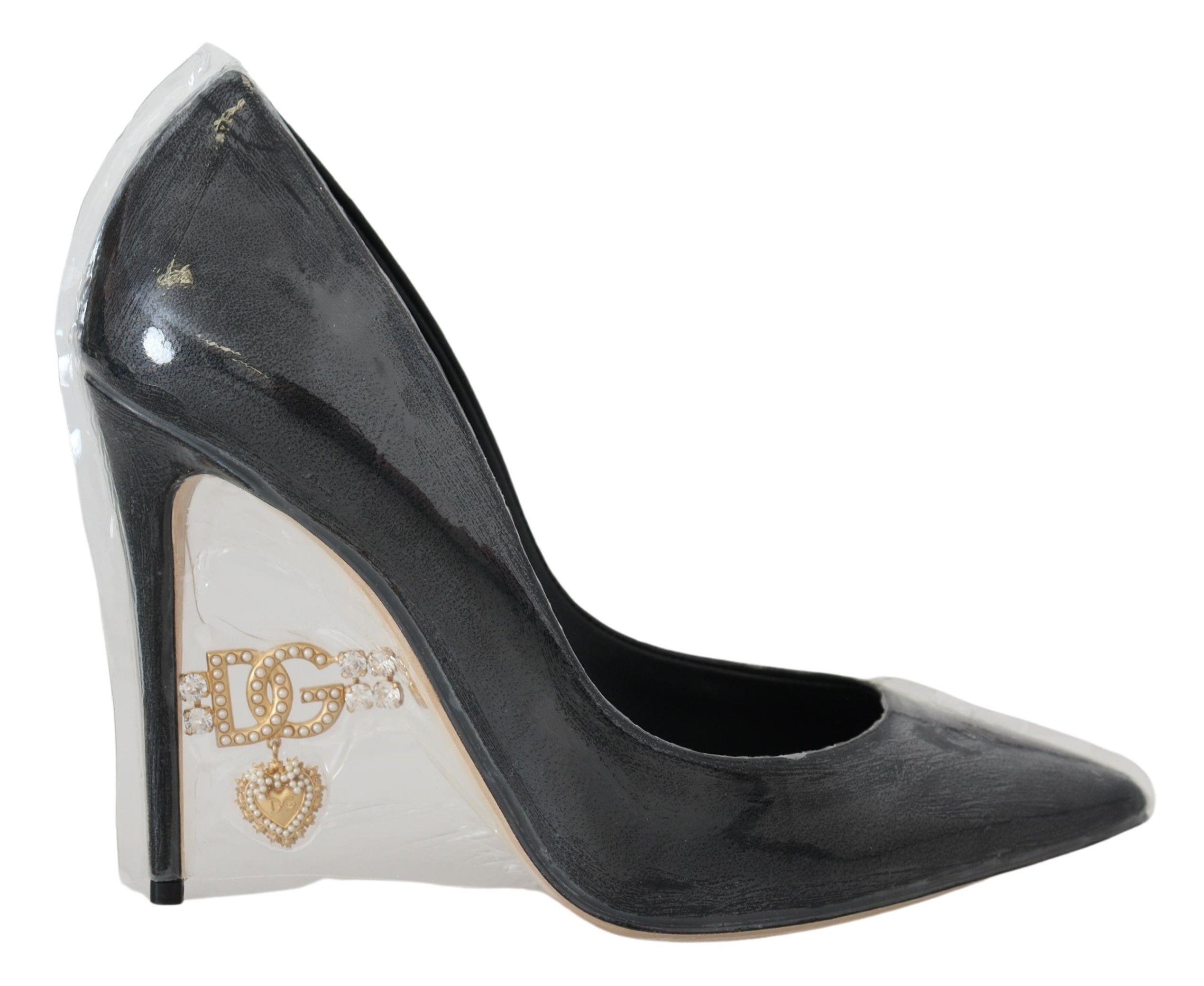 Black Leather Heels Pumps Plastic Wrapped Shoes - ventzia