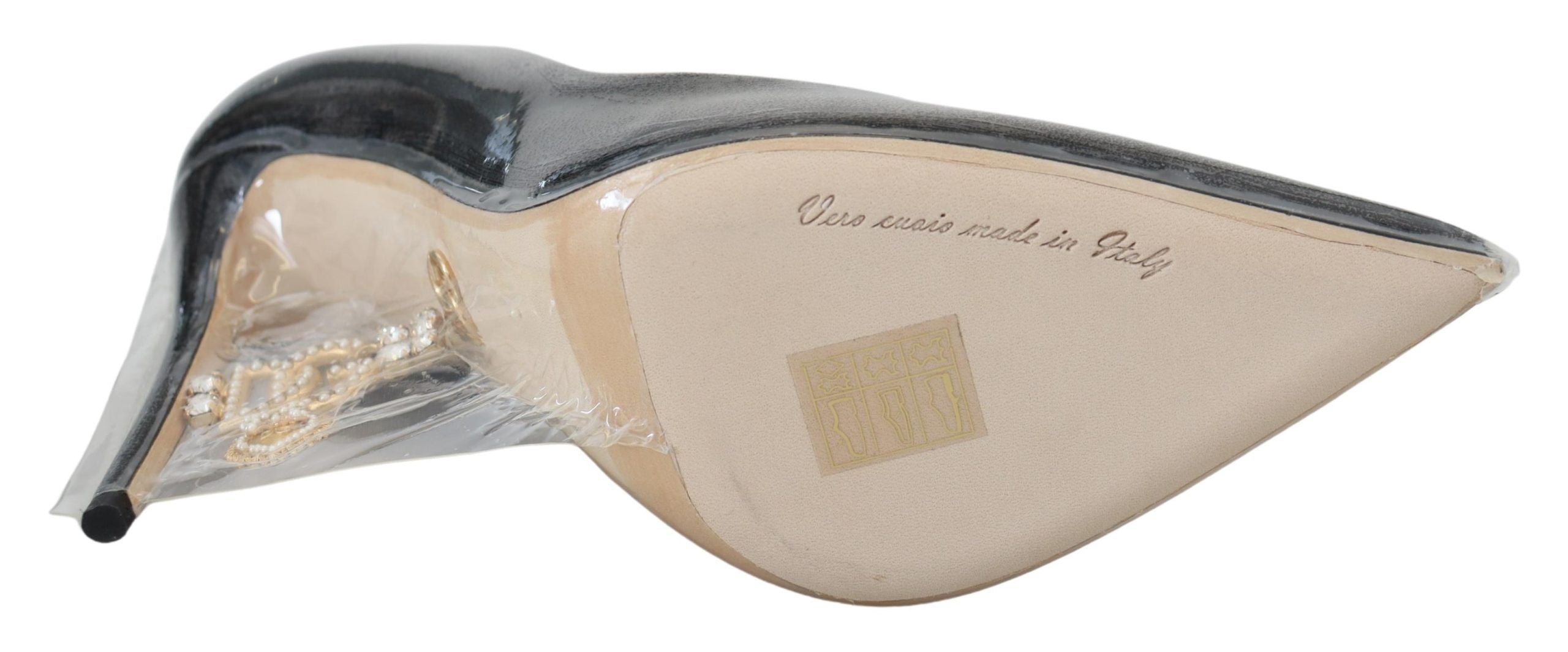 Black Leather Heels Pumps Plastic Wrapped Shoes - ventzia