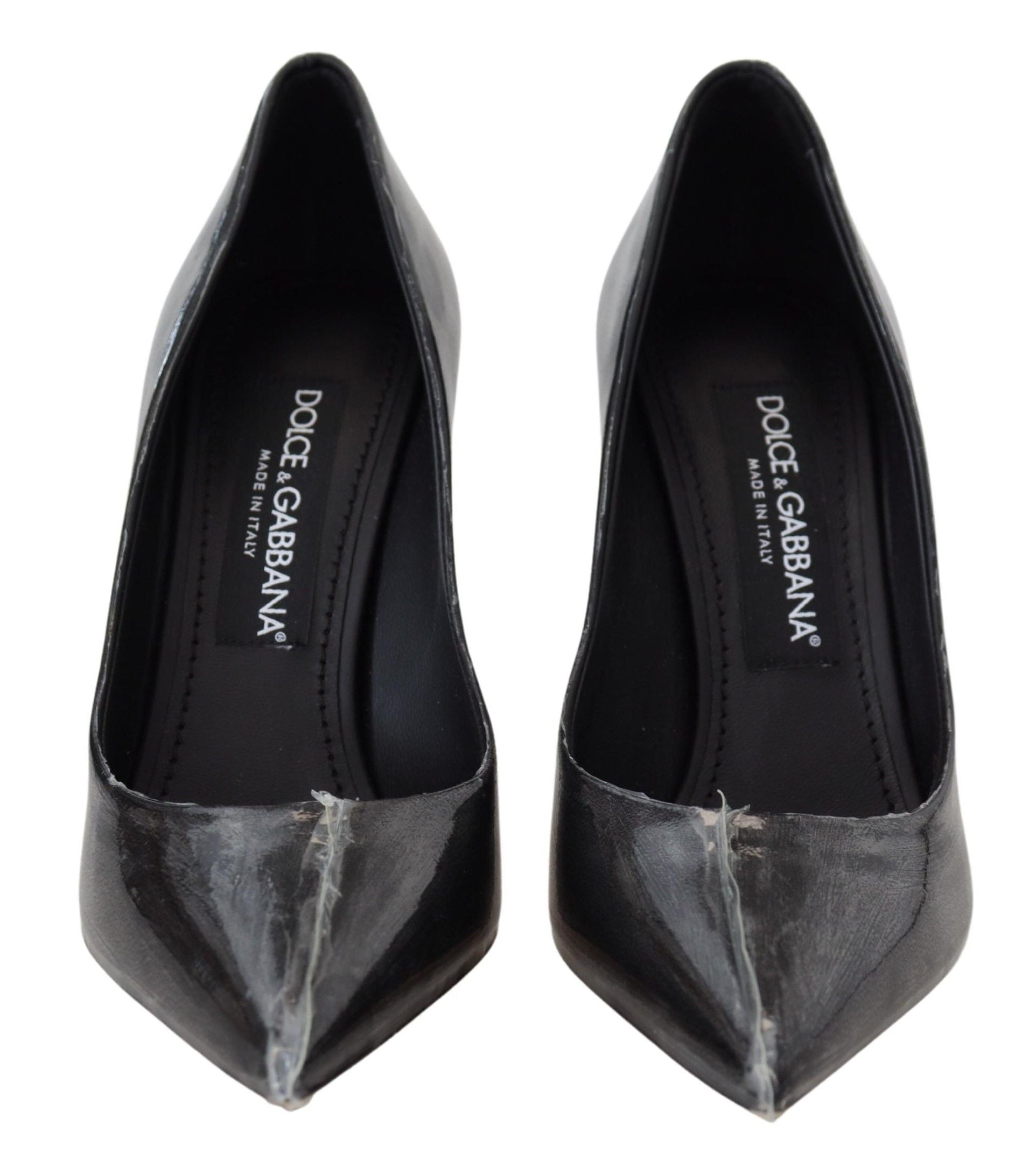 Black Leather Heels Pumps Plastic Wrapped Shoes - ventzia