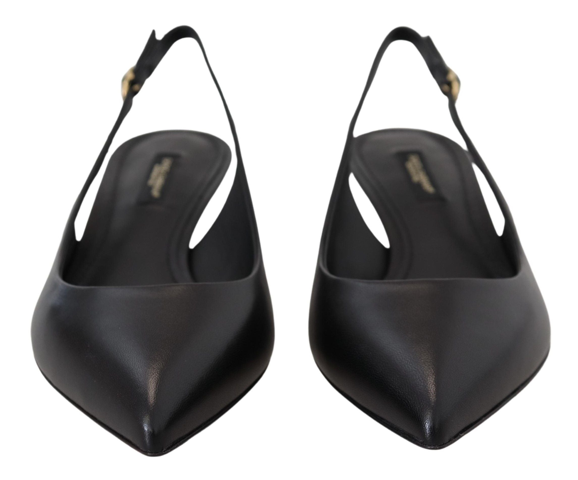 Black Leather Slingbacks Heels Pumps Shoes - ventzia