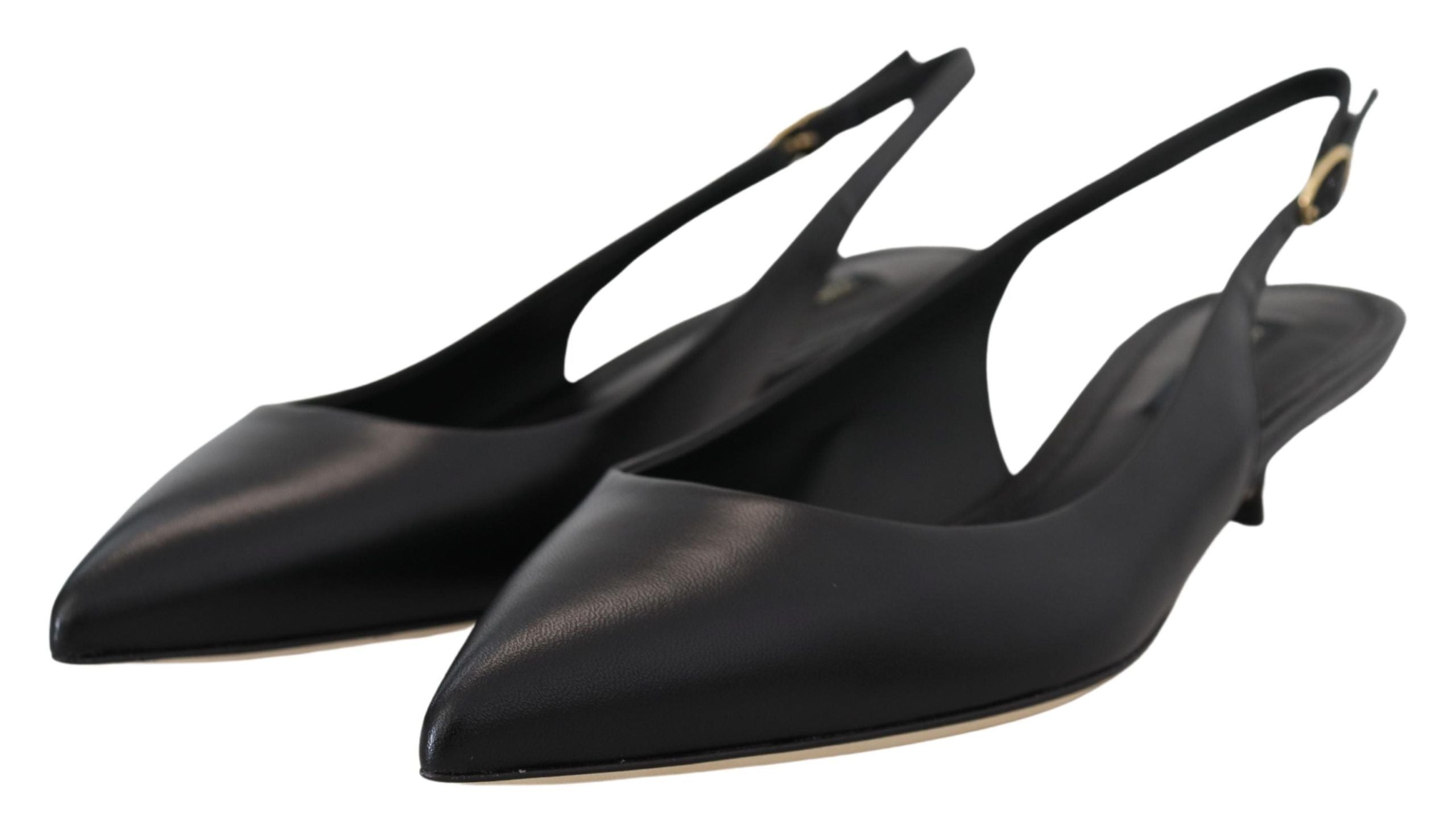Black Leather Slingbacks Heels Pumps Shoes - ventzia