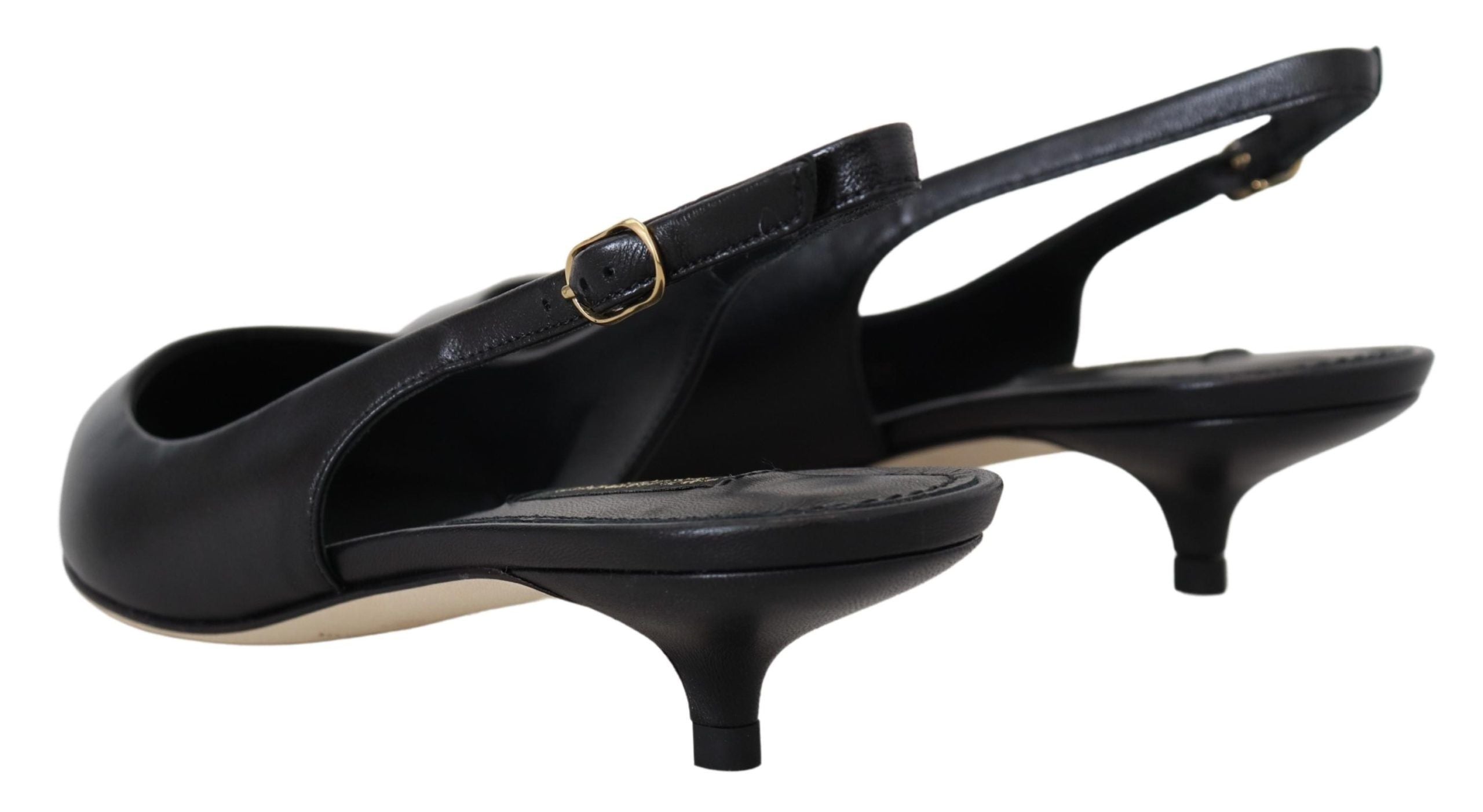 Black Leather Slingbacks Heels Pumps Shoes - ventzia