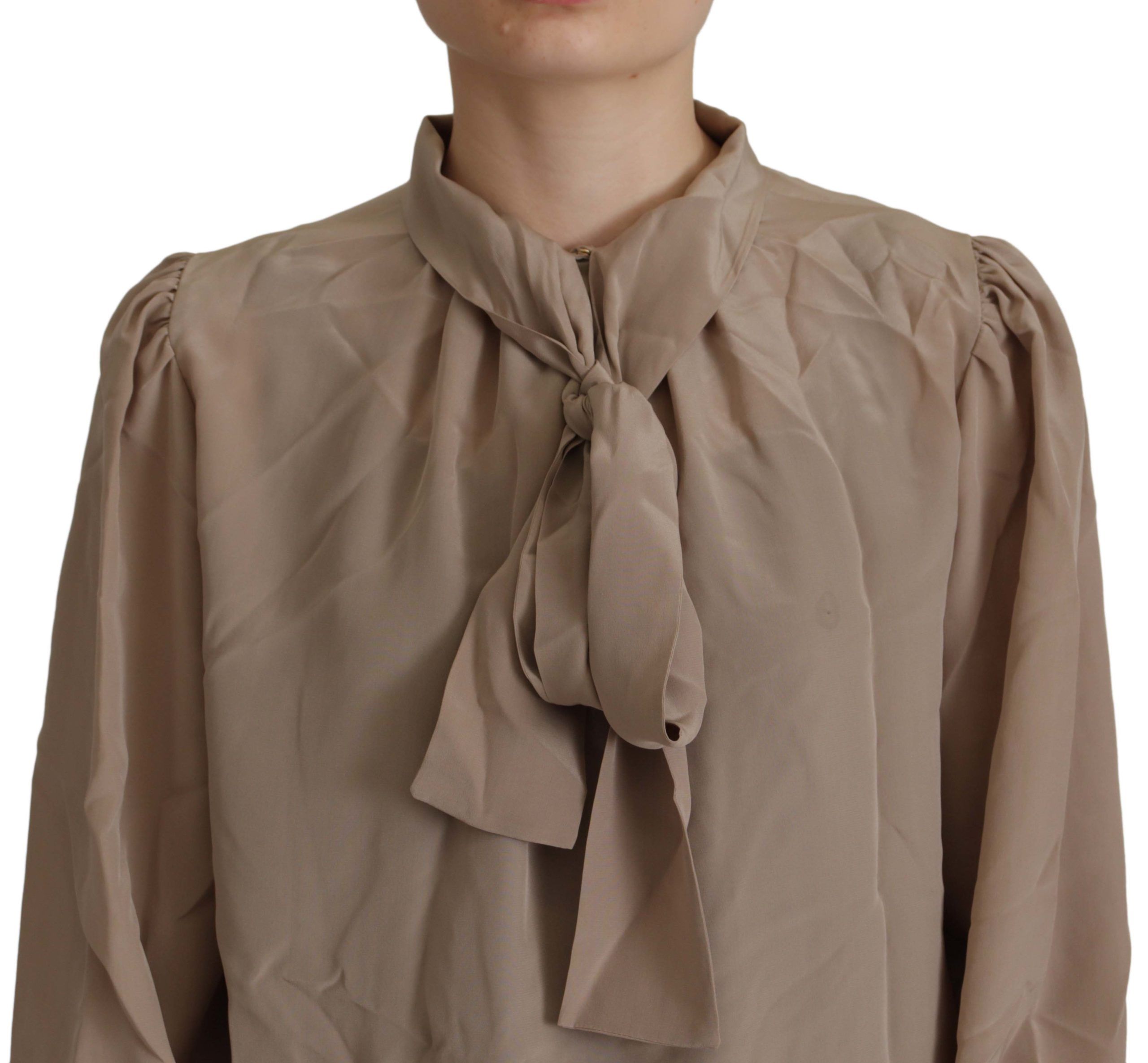Brown Waistband Sleeves Ascot Collar Top Blouse - ventzia