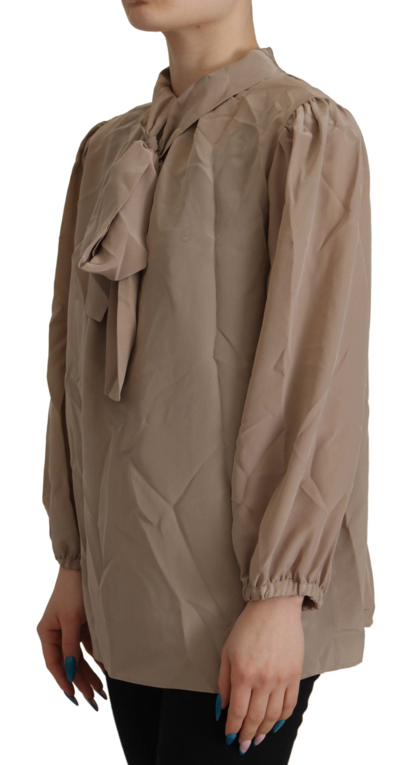 Brown Waistband Sleeves Ascot Collar Top Blouse - ventzia