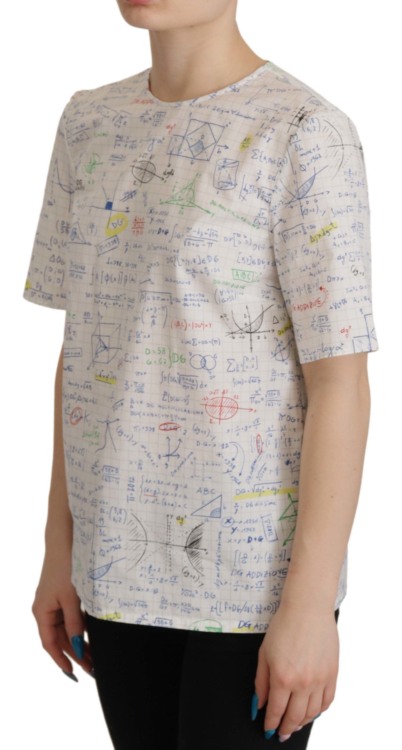 White Cotton Algebra Print Short Sleeves Top - ventzia