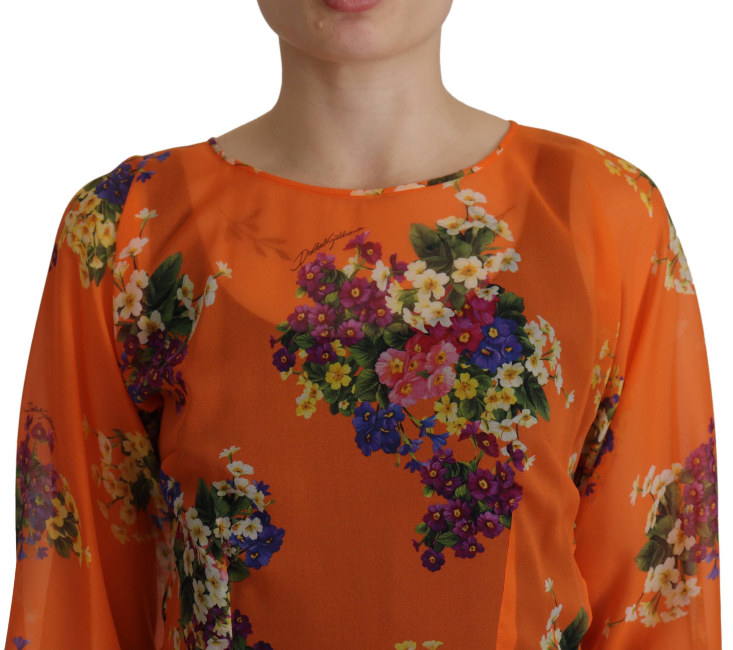 Orange Floral Print Long Sleeve Blouse - ventzia