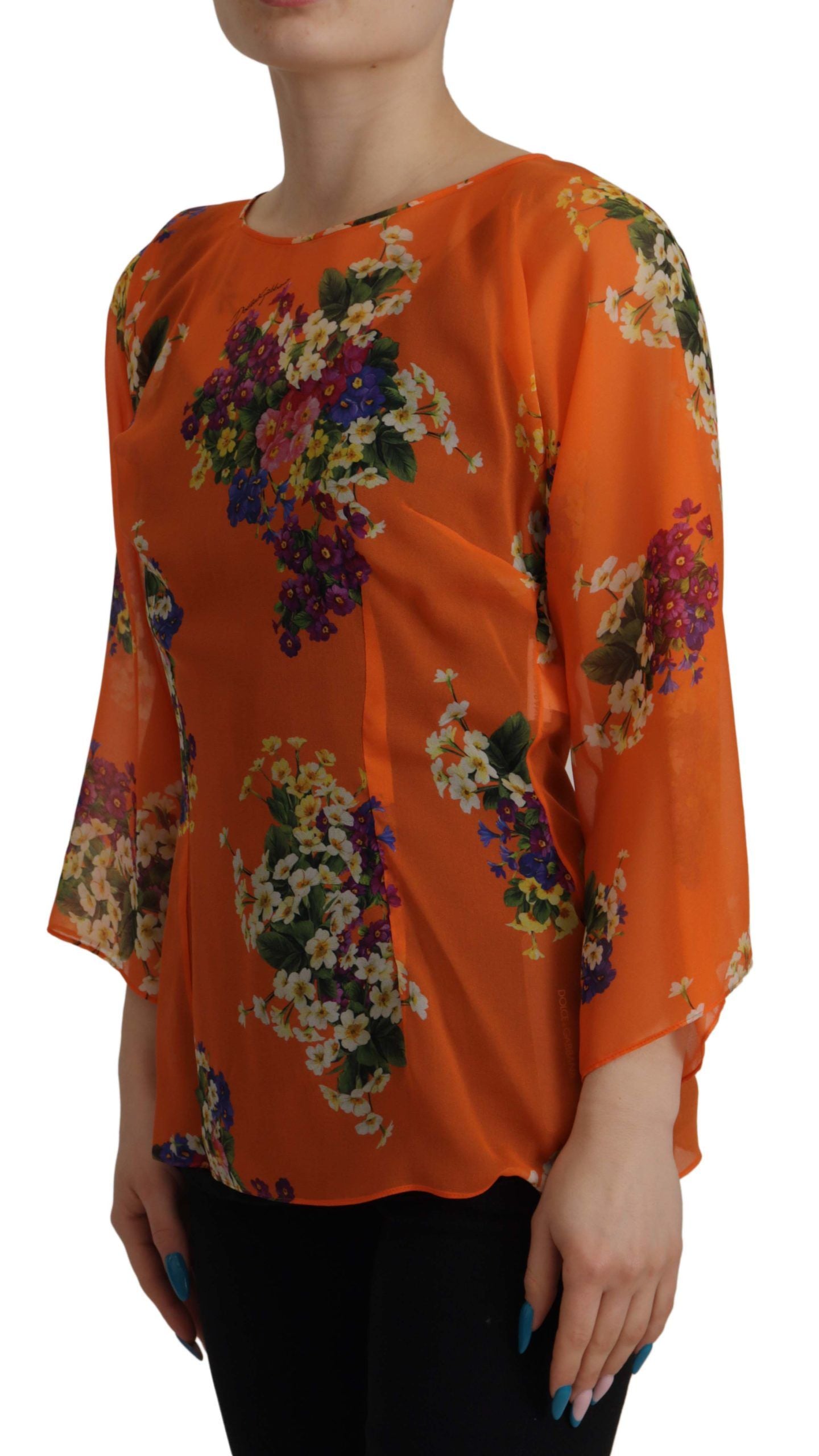 Orange Floral Print Long Sleeve Blouse - ventzia