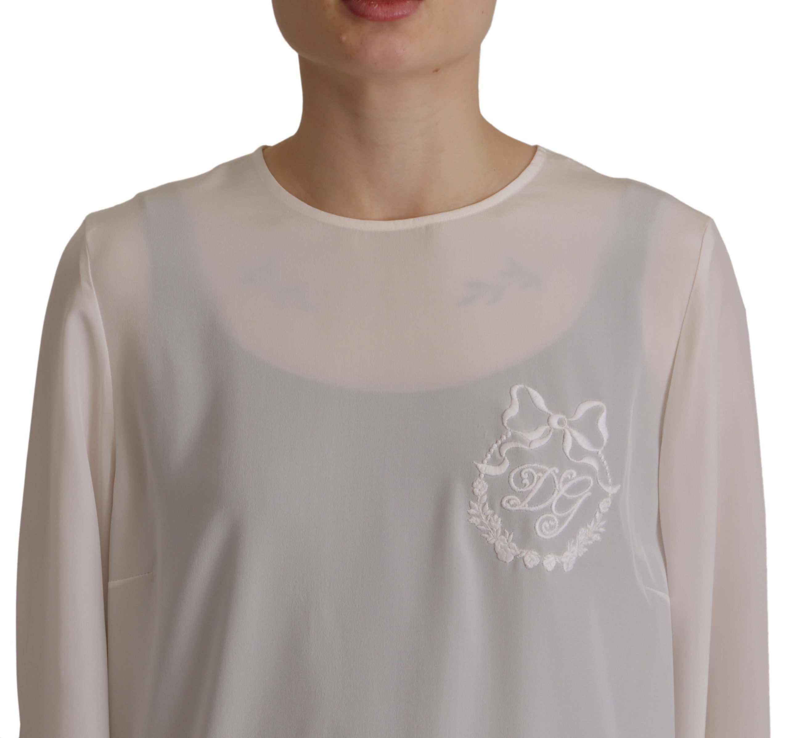 White Silk DG Logo Embroidered Long Sleeves Blouse - ventzia