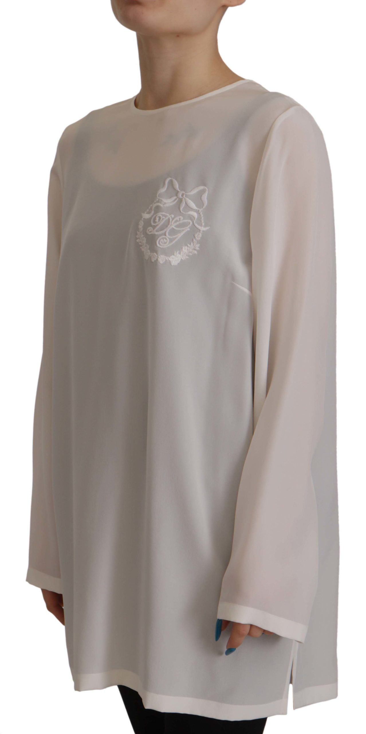 White Silk DG Logo Embroidered Long Sleeves Blouse - ventzia