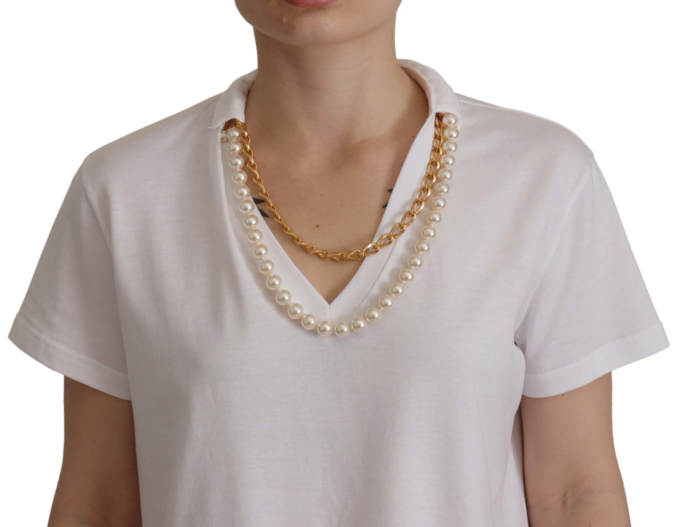 White Necklace Embellished Neckline T-shirt Top - ventzia