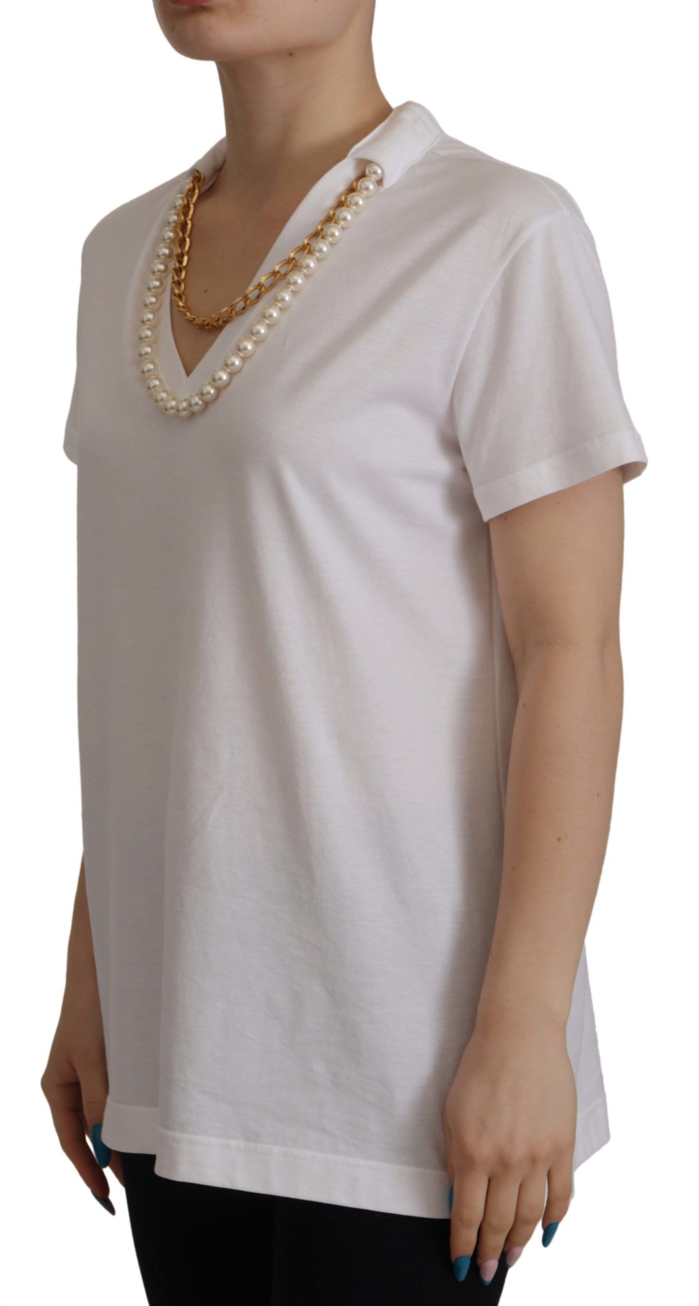 White Necklace Embellished Neckline T-shirt Top - ventzia