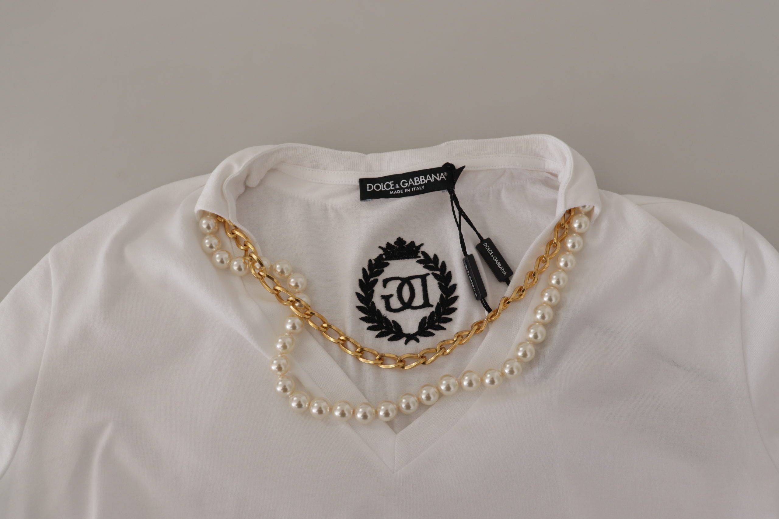 White Necklace Embellished Neckline T-shirt Top - ventzia
