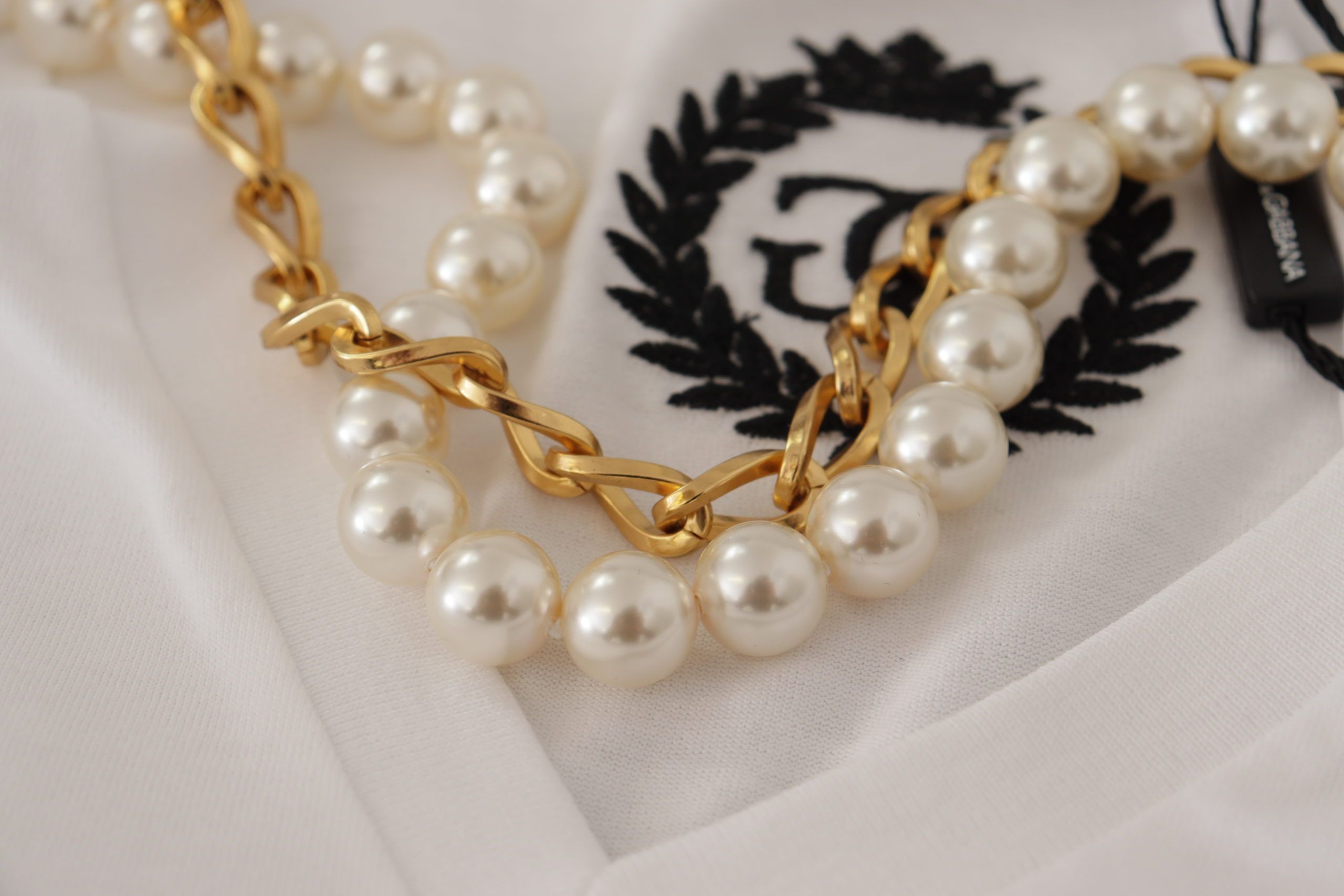 White Necklace Embellished Neckline T-shirt Top - ventzia