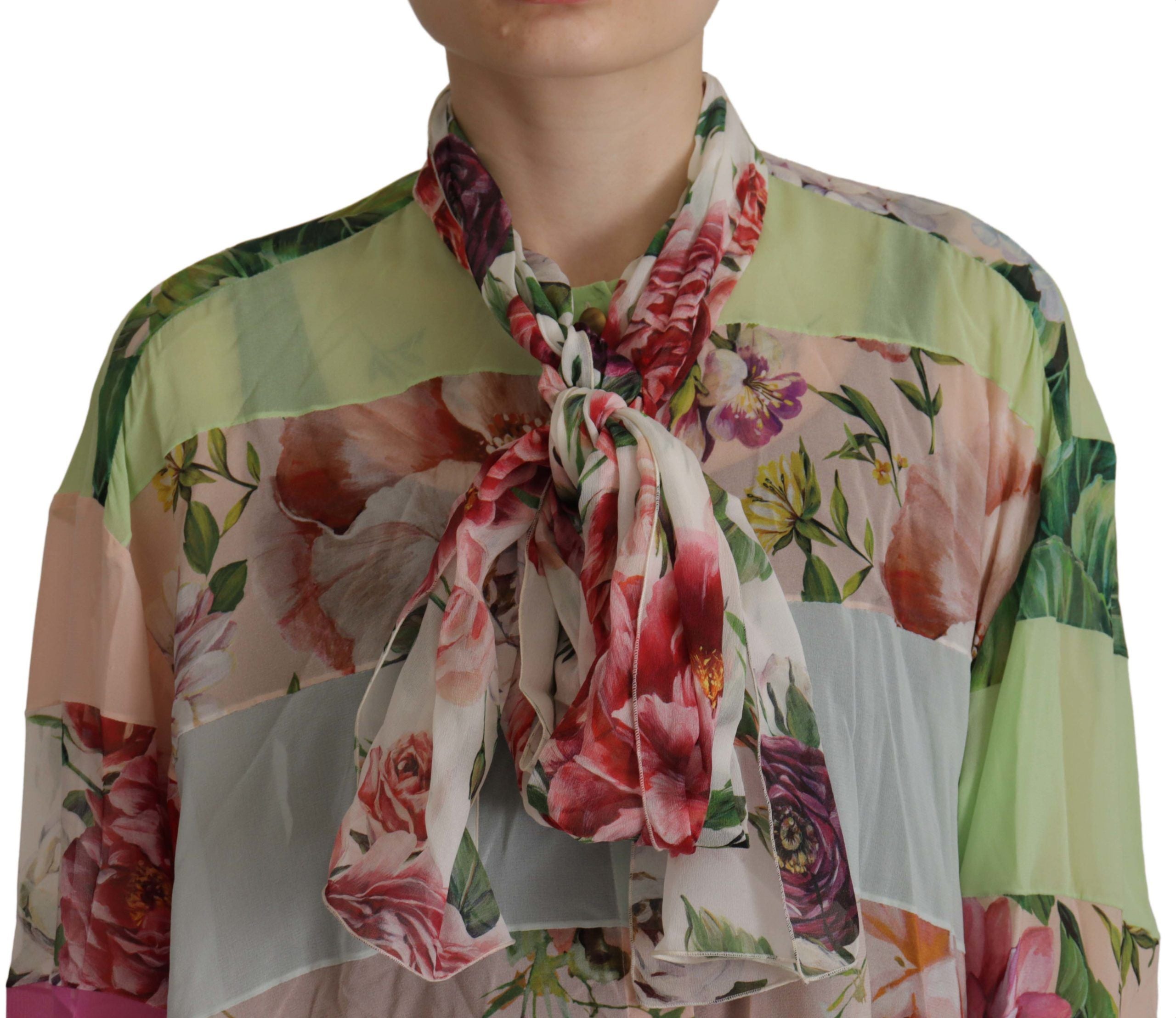 Multicolor Floral Patchwork Design Ascot Collar Top Blouse - ventzia