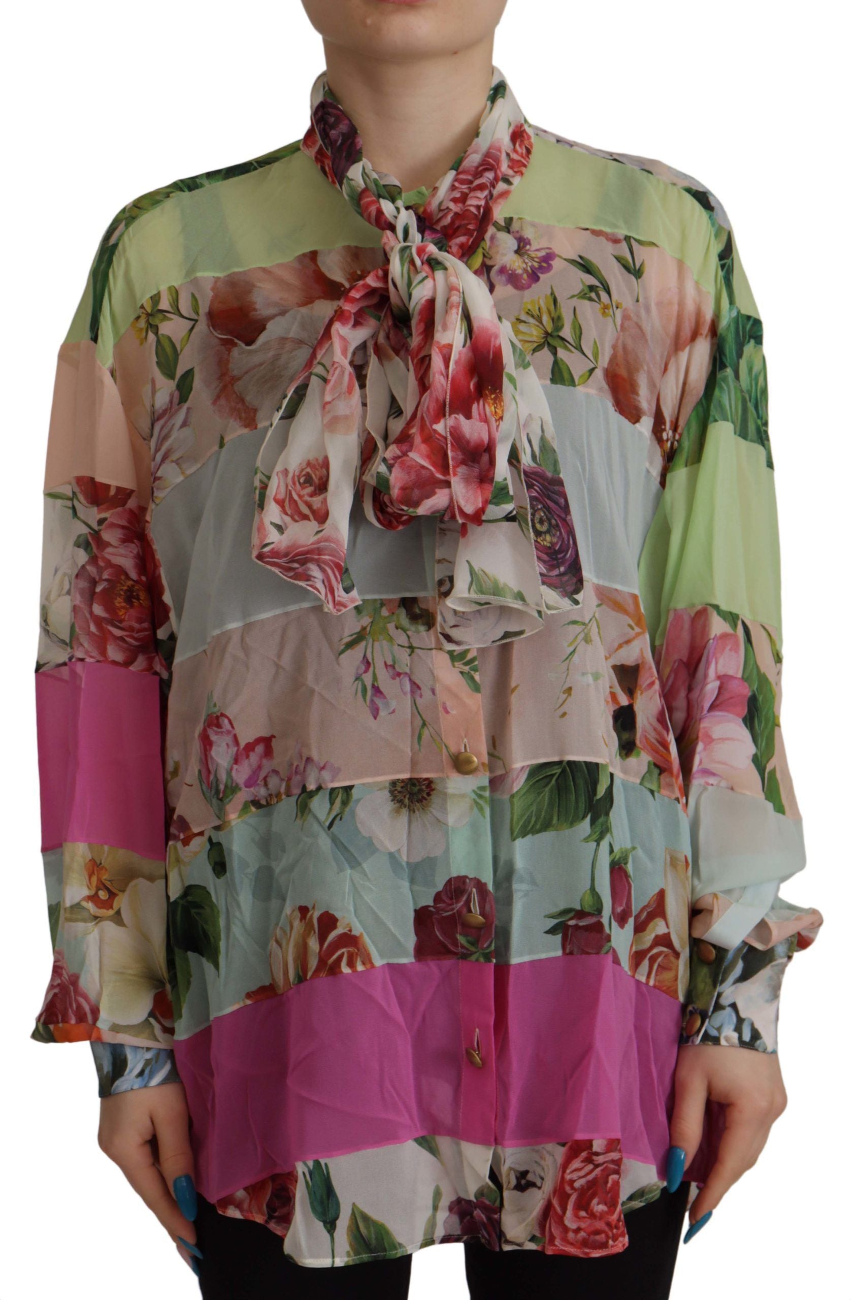 Multicolor Floral Patchwork Design Ascot Collar Top Blouse - ventzia