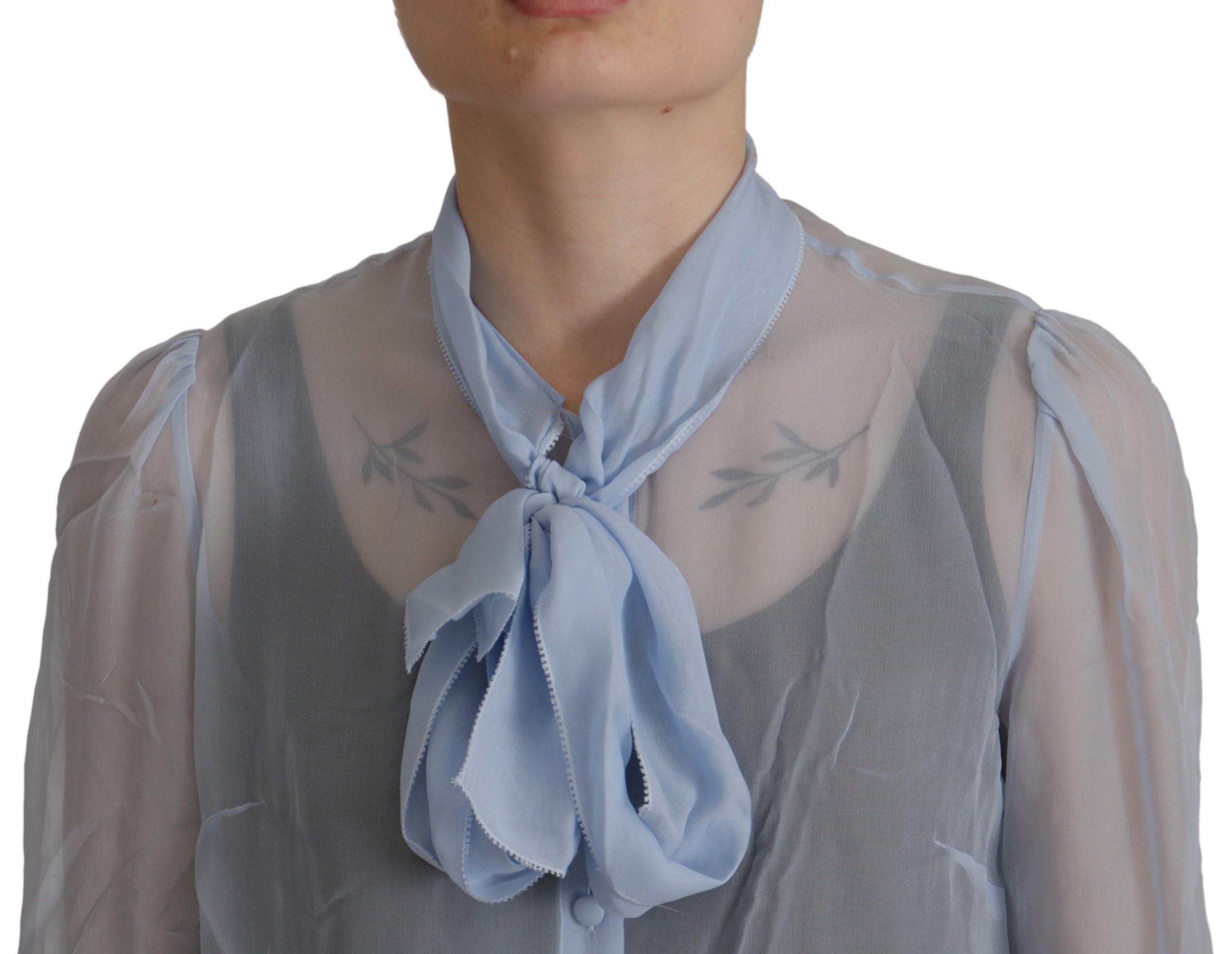 Light Blue Silk Ascot Collar Long Sleeves Top - ventzia
