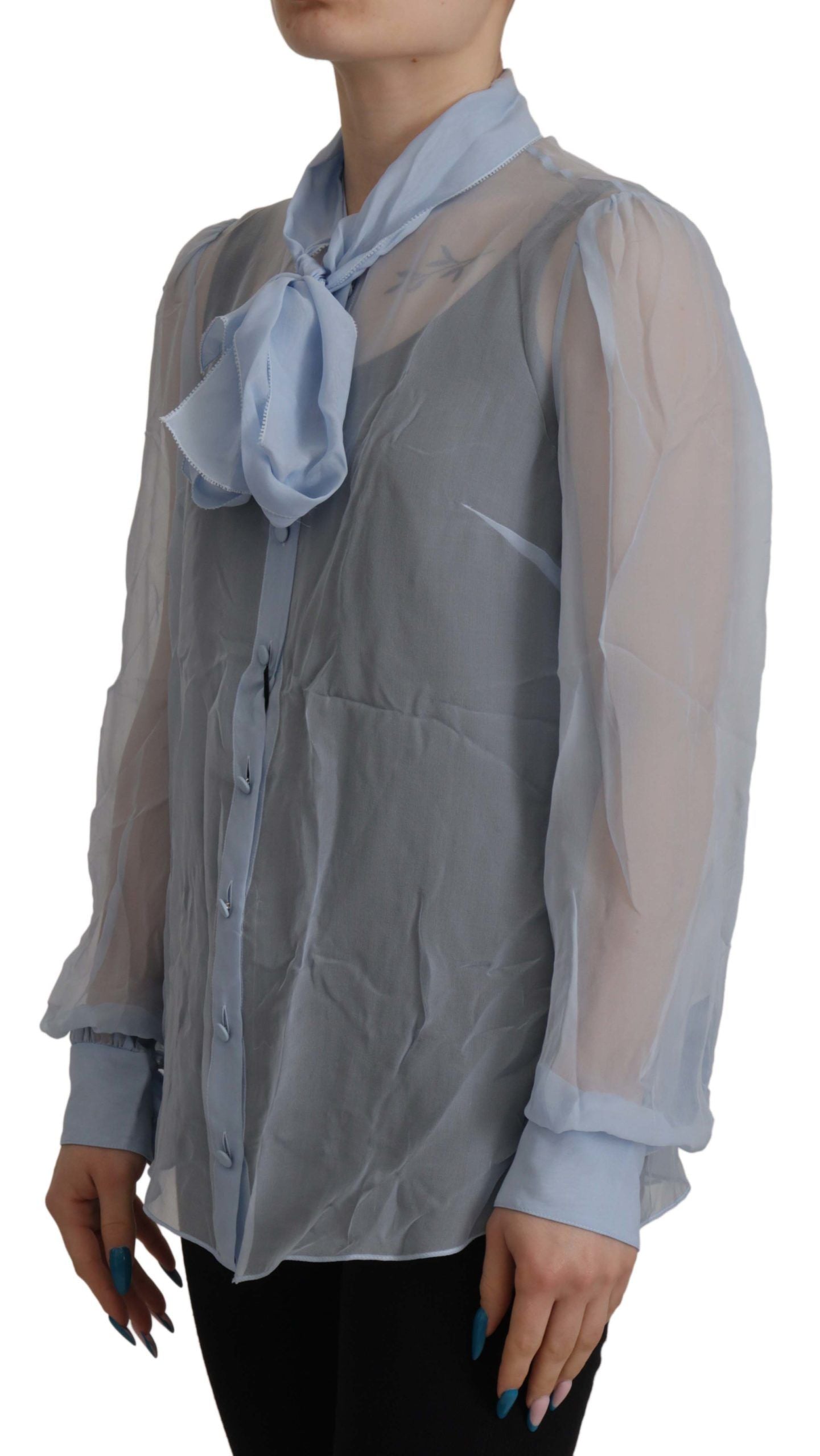 Light Blue Silk Ascot Collar Long Sleeves Top - ventzia