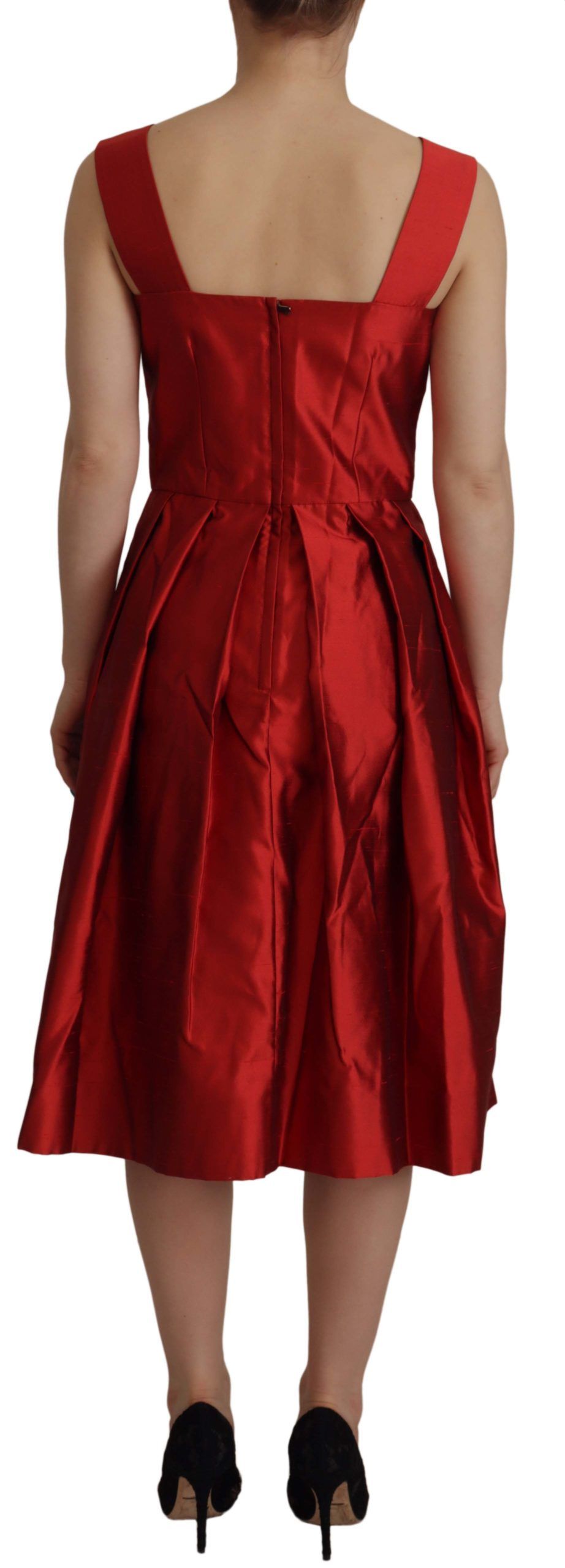 Red A-line Pleated Satin Silk Dress - ventzia