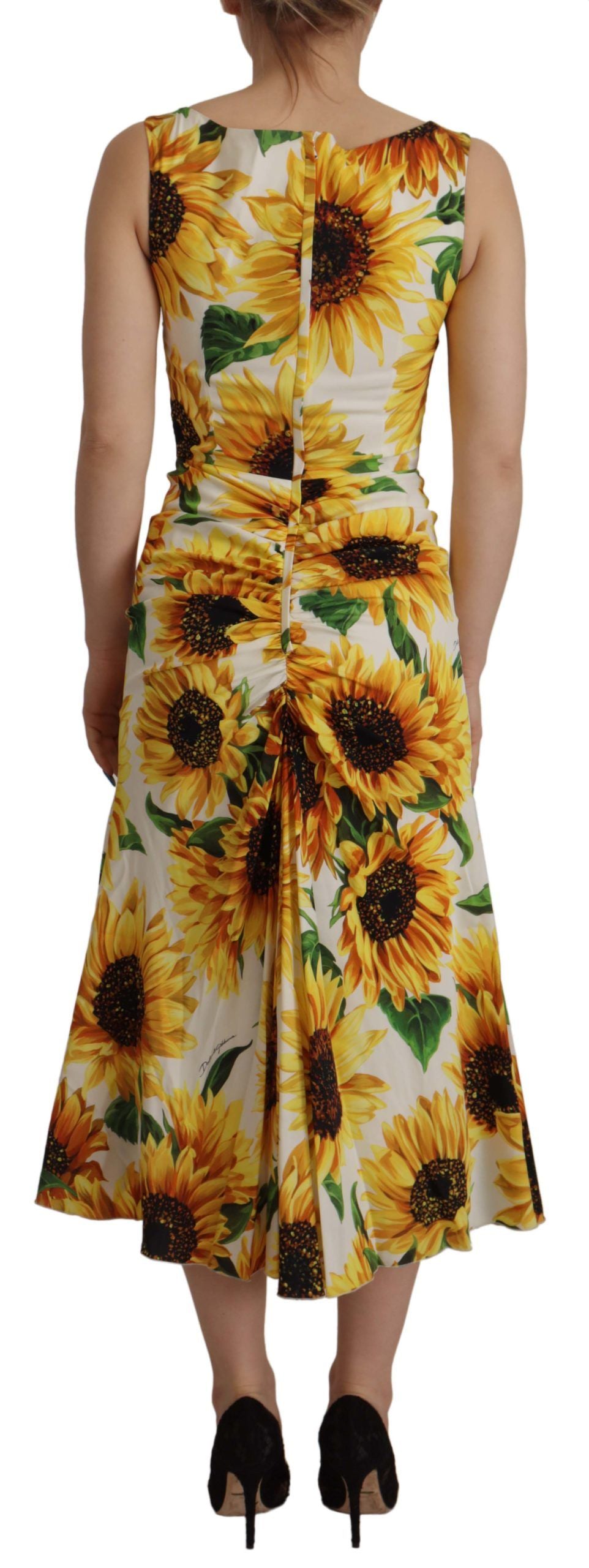 White Sunflower Print Sheath Midi Silk - ventzia