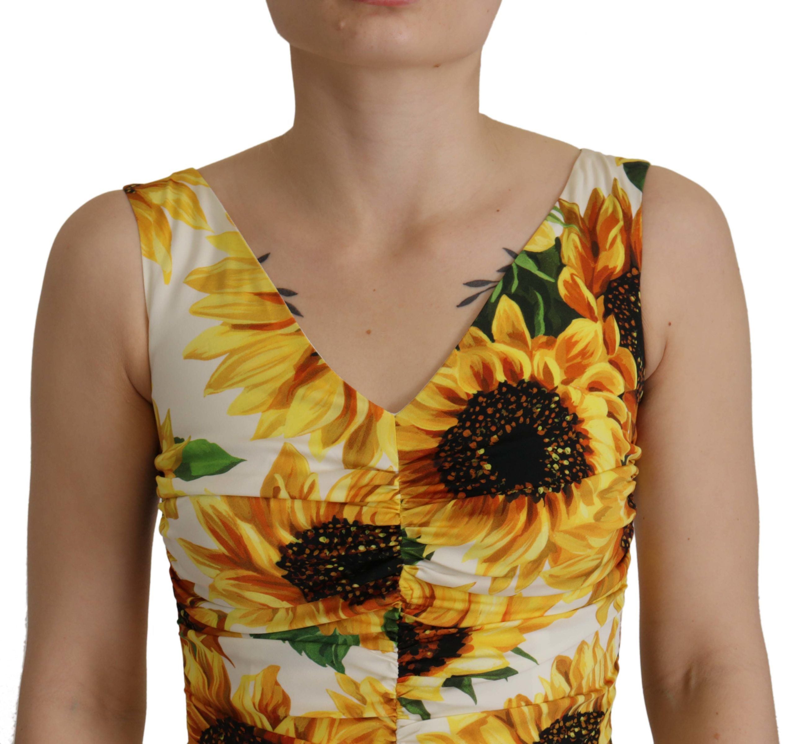 White Sunflower Print Sheath Midi Silk - ventzia
