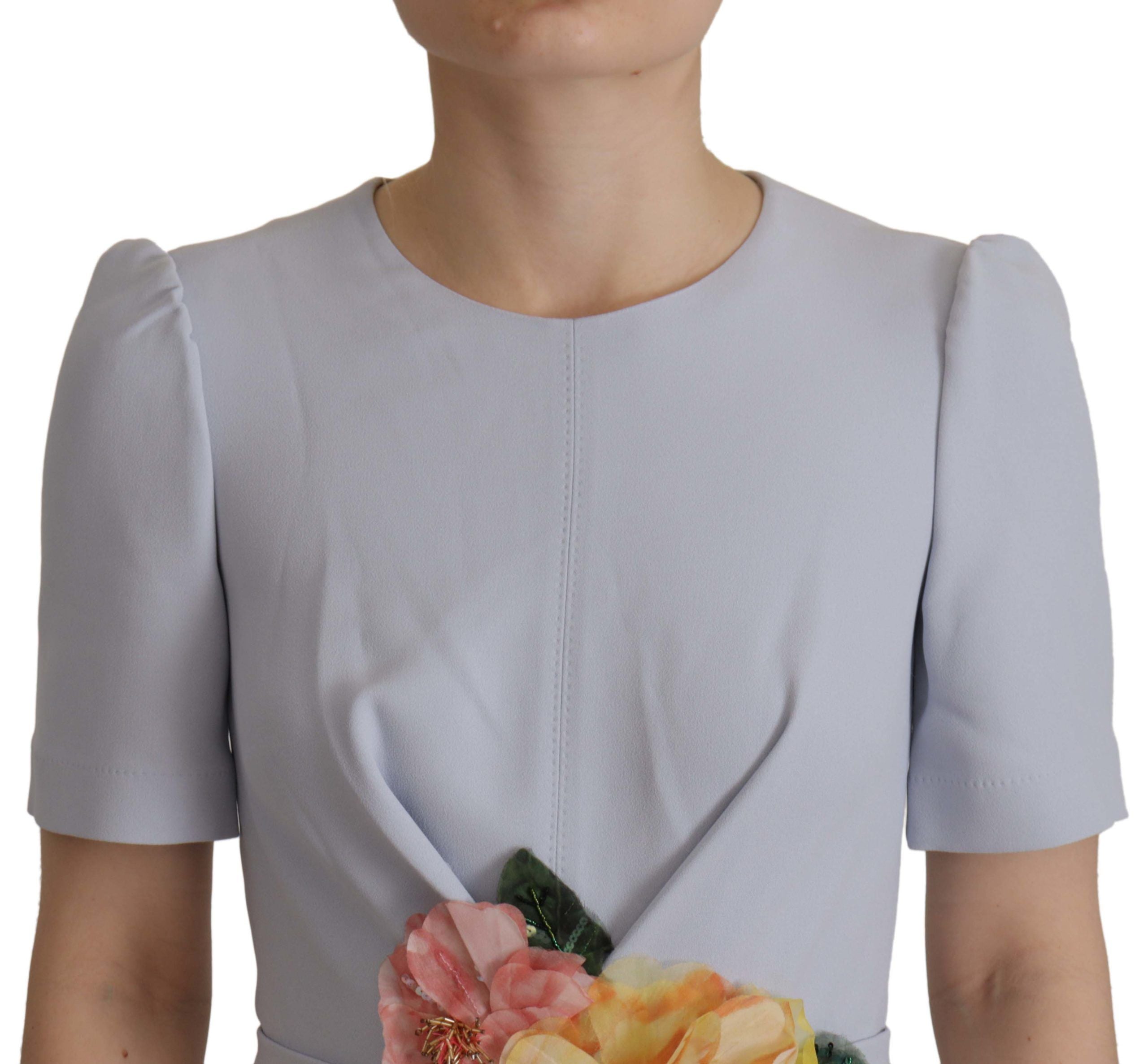 Blue Floral Applique Midi Viscose Dress - ventzia