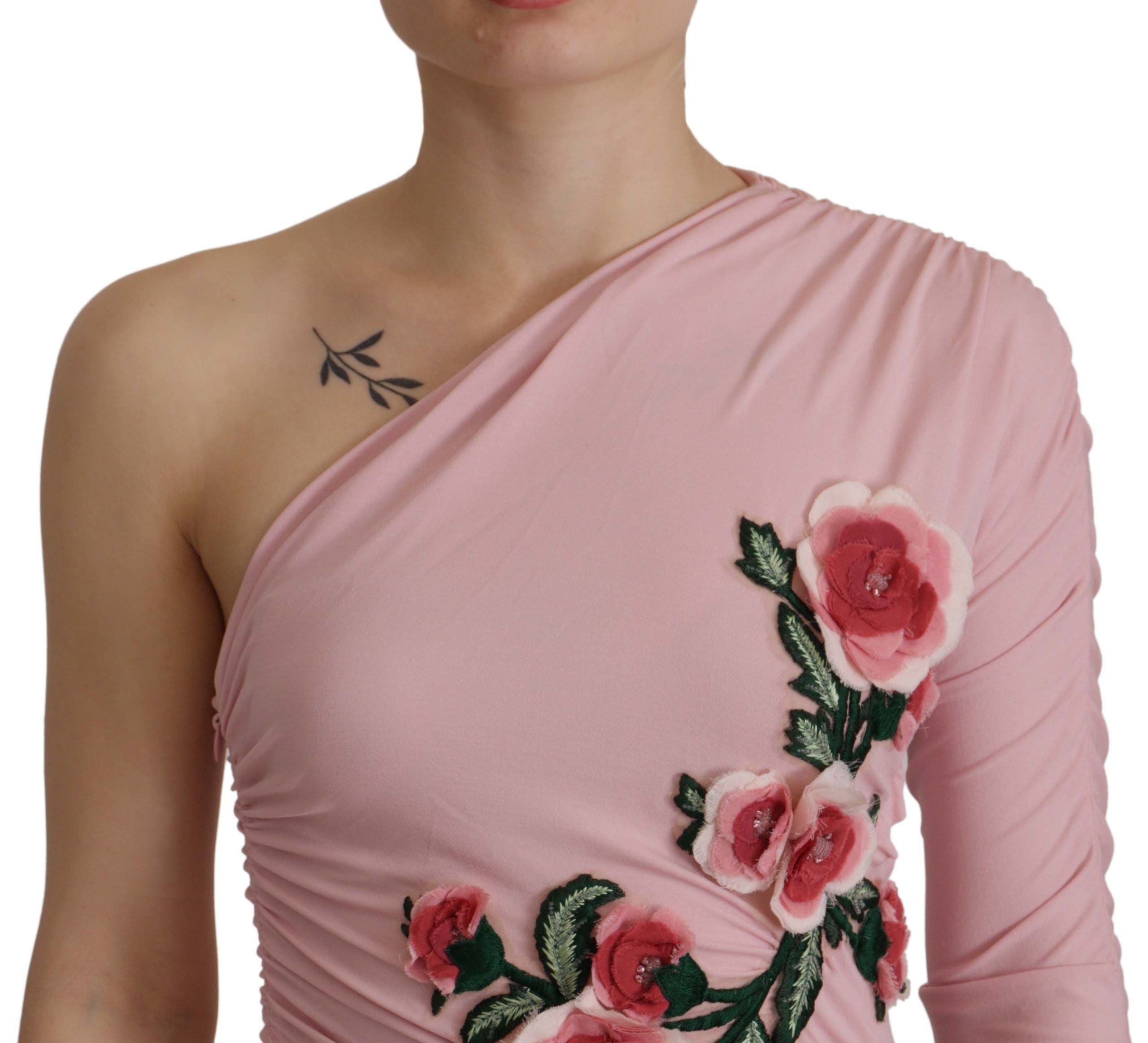 Pink Flower Embellished One Shoulder Dress - ventzia