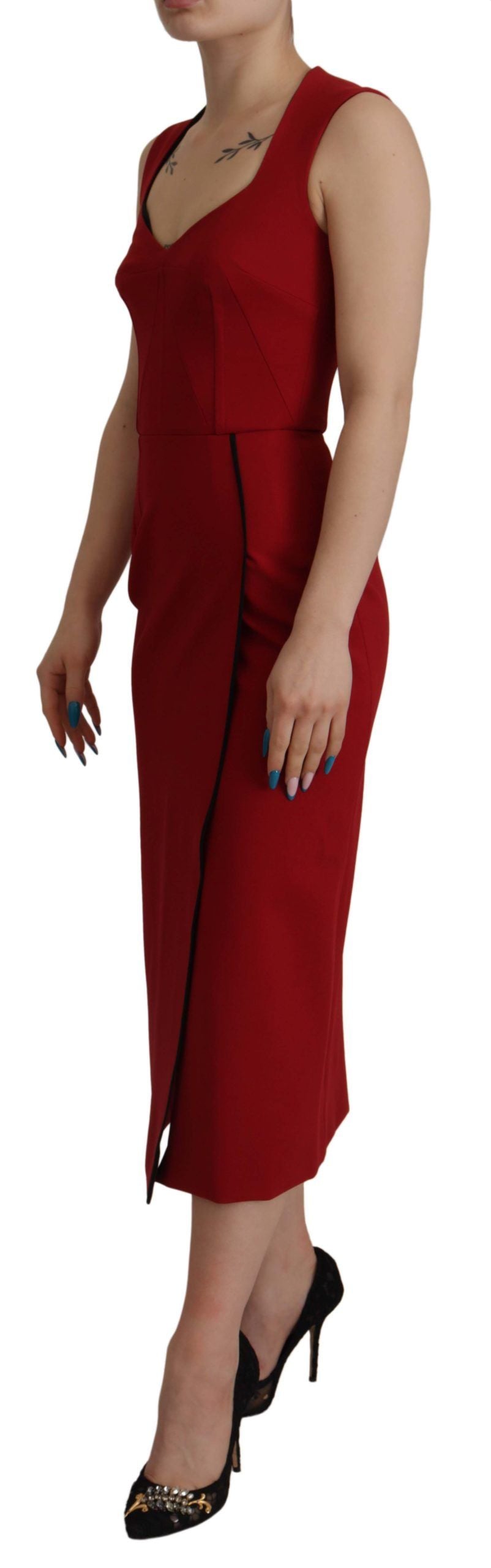Red Sweetheart Neck Bodycon Midi Dress - ventzia