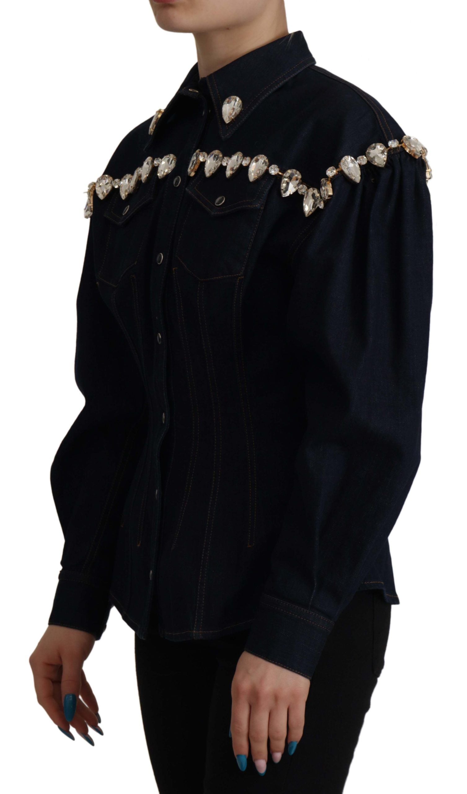 Blue Denim Crystal Embellish Cotton Jacket - ventzia
