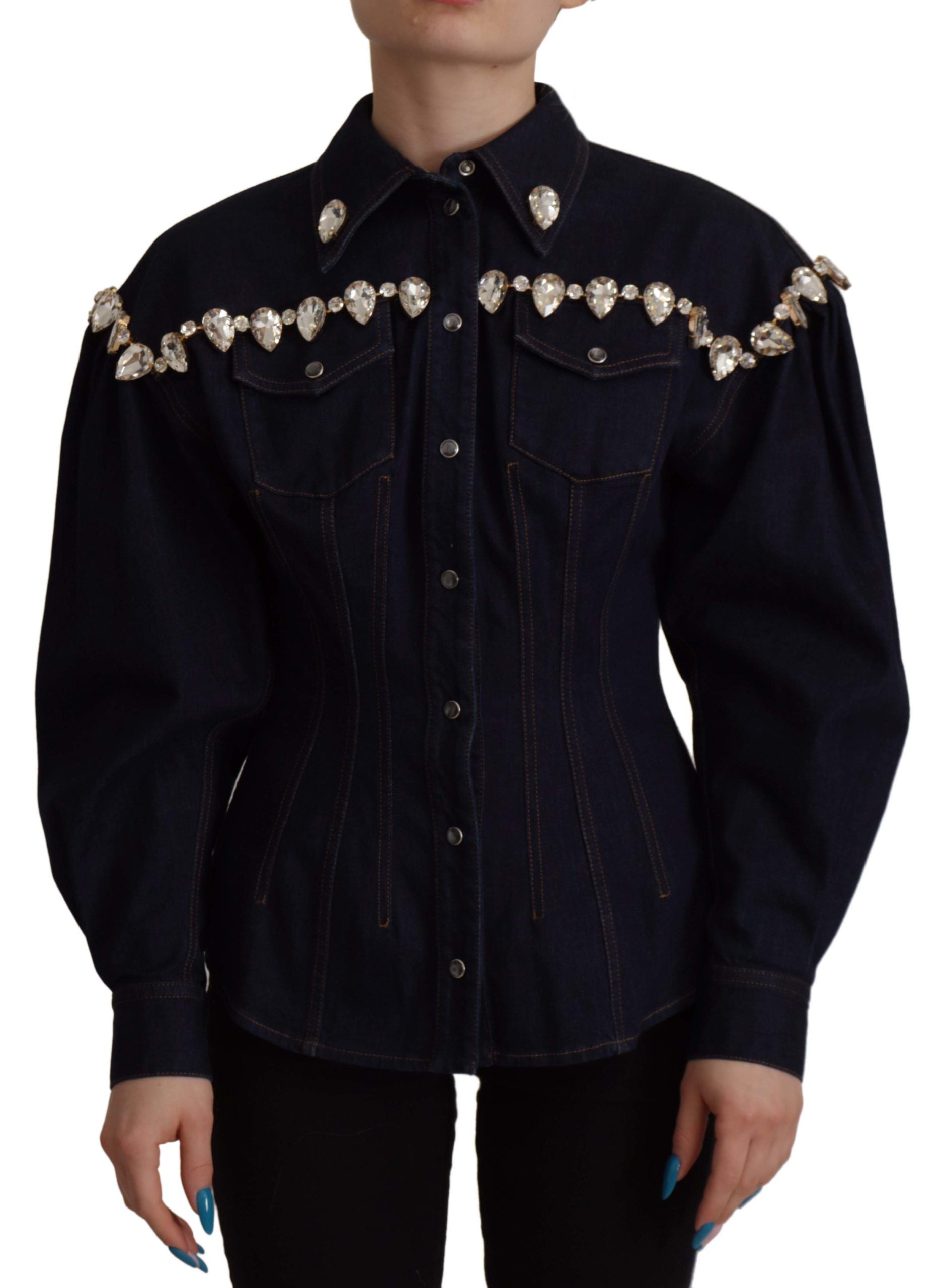 Blue Denim Crystal Embellish Cotton Jacket - ventzia