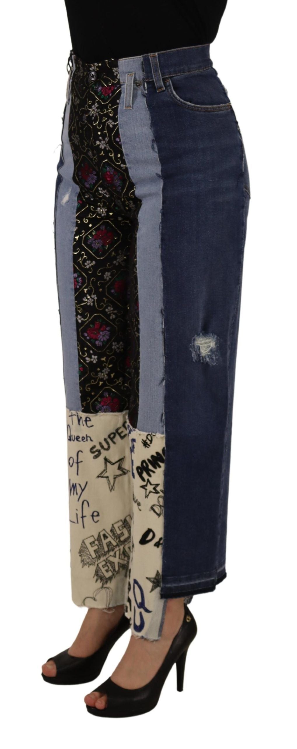 Multicolor Patchwork DG Fashion Wide Leg Denim Pant - ventzia