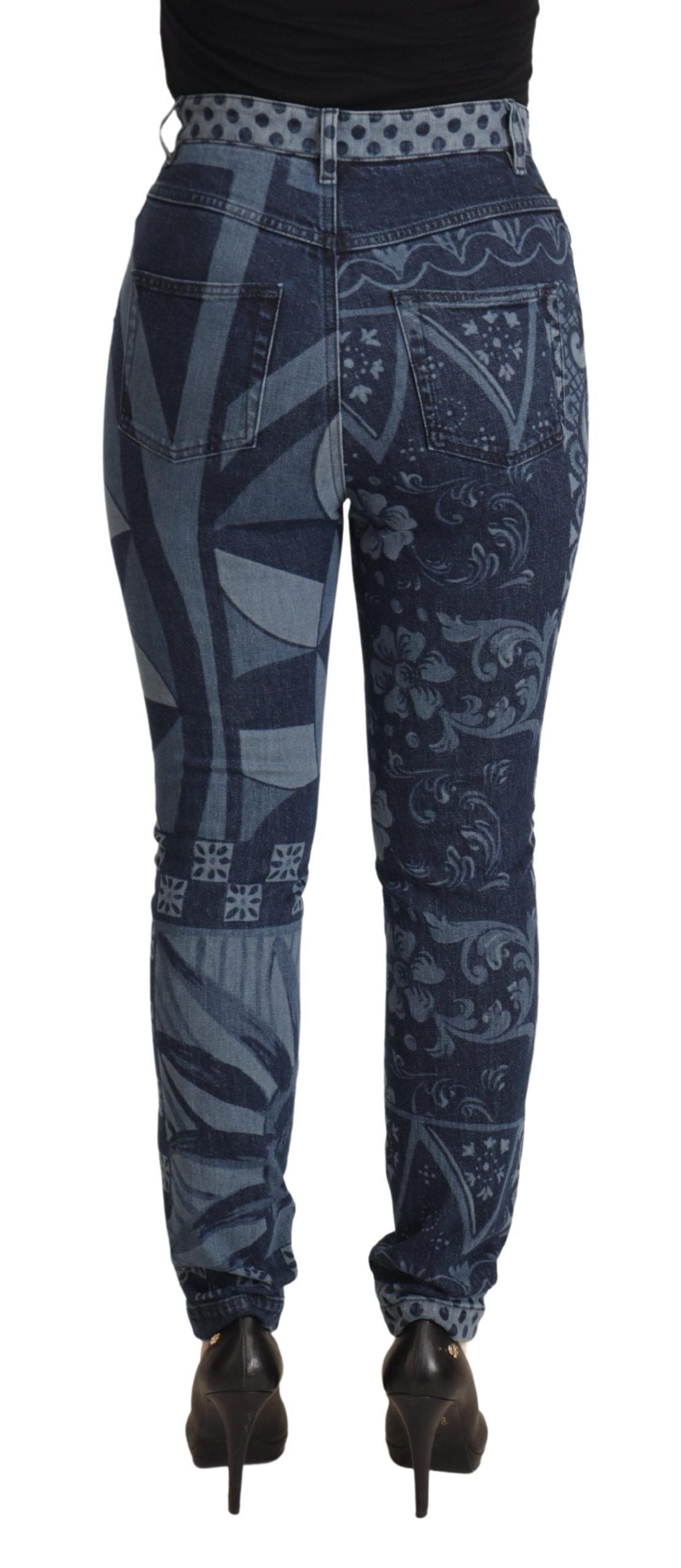 Blue Floral High Waist Skinny Denim Jeans - ventzia