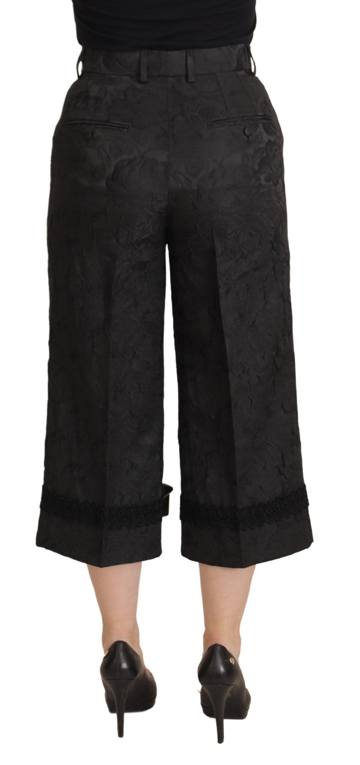 Black Brocade Cropped High Waist Pants - ventzia