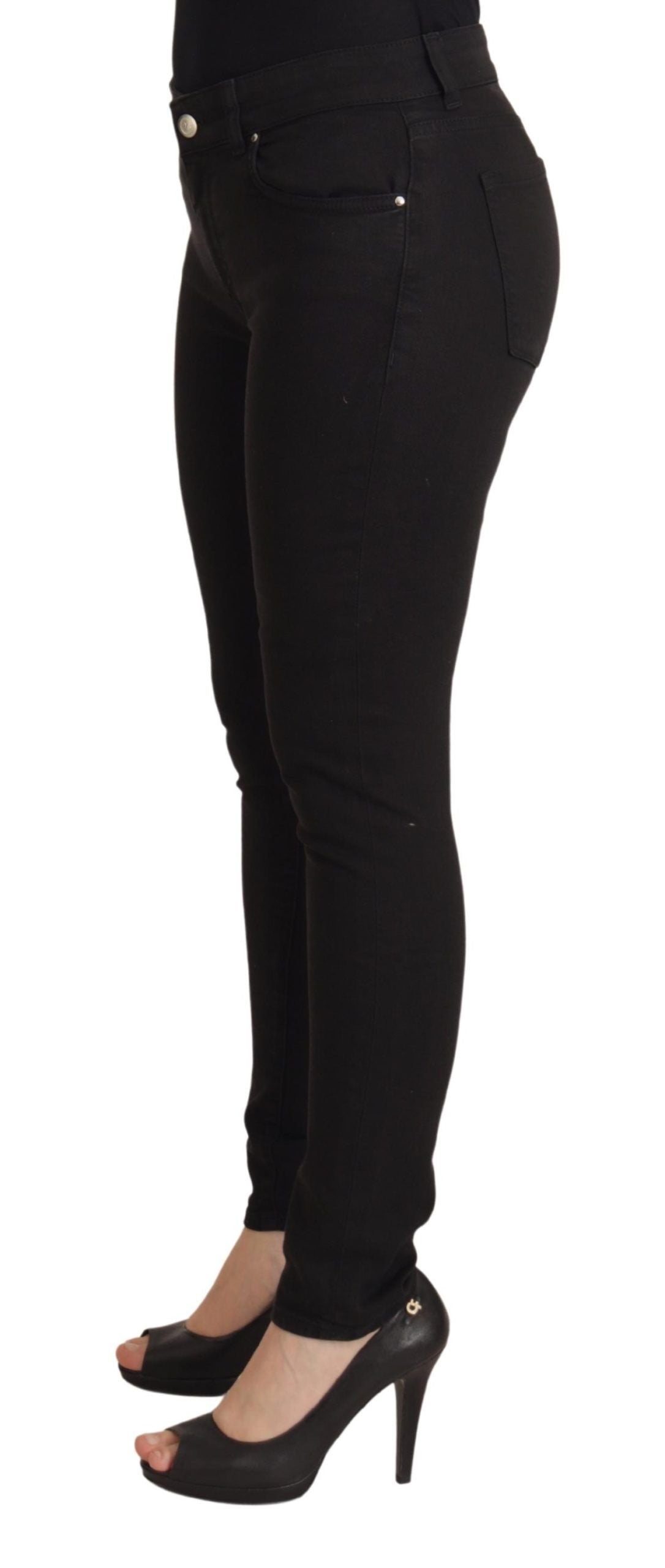 Black Mid Waist Skinny Denim Cotton Jeans - ventzia