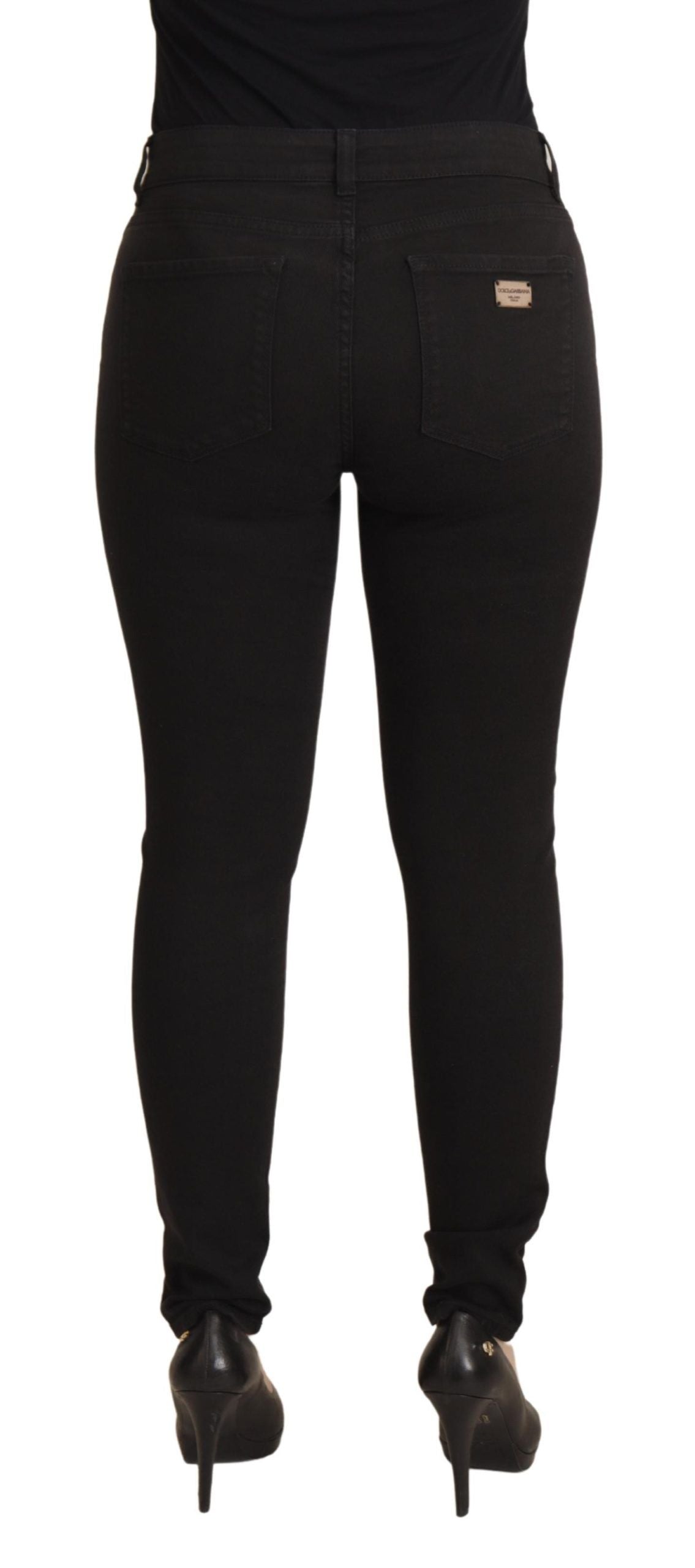 Black Mid Waist Skinny Denim Cotton Jeans - ventzia