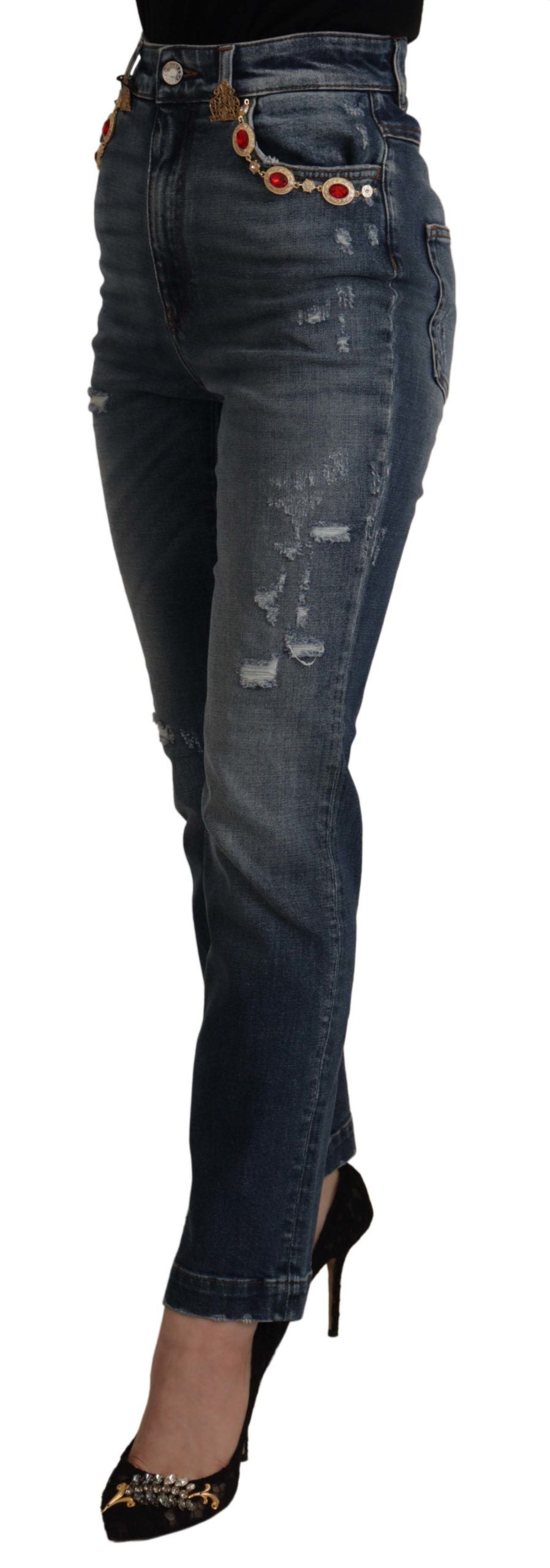 Blue Denim Crystal Embellished Pants Jeans - ventzia