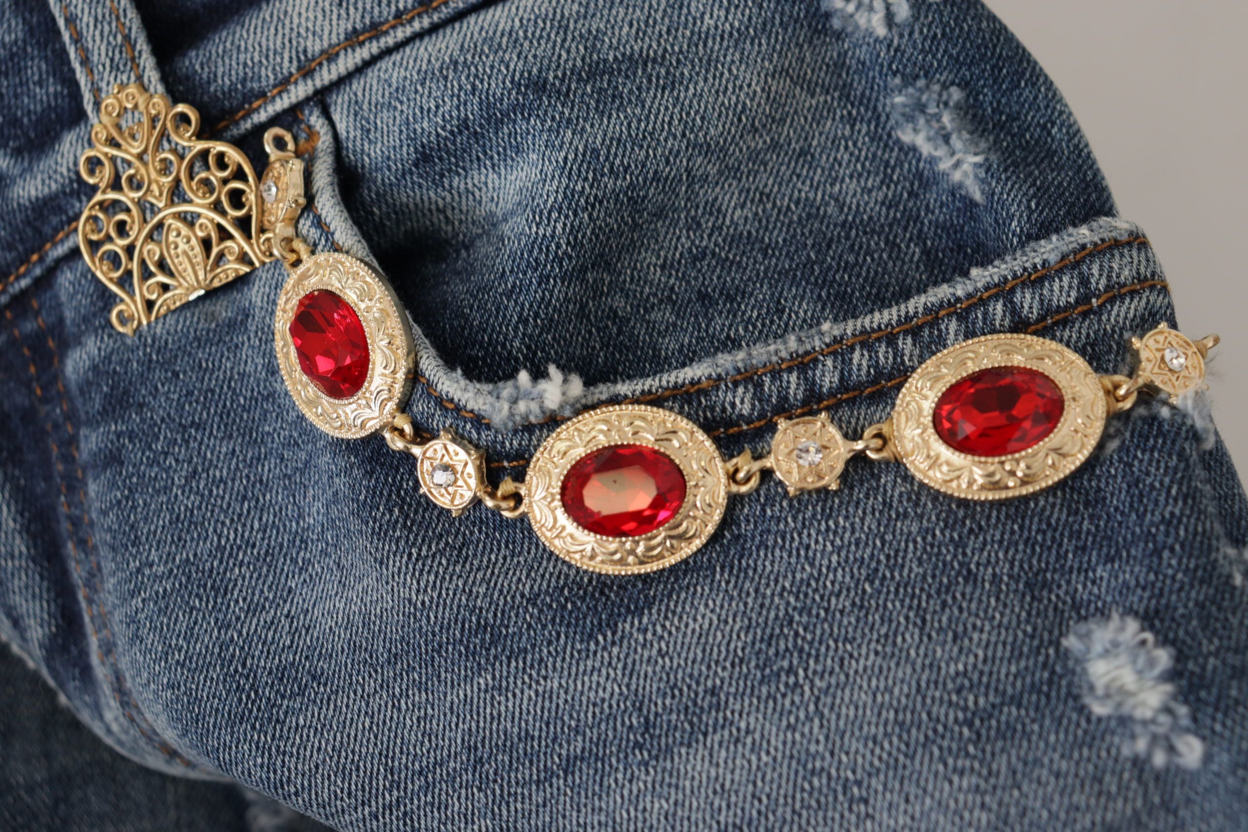 Blue Denim Crystal Embellished Pants Jeans - ventzia