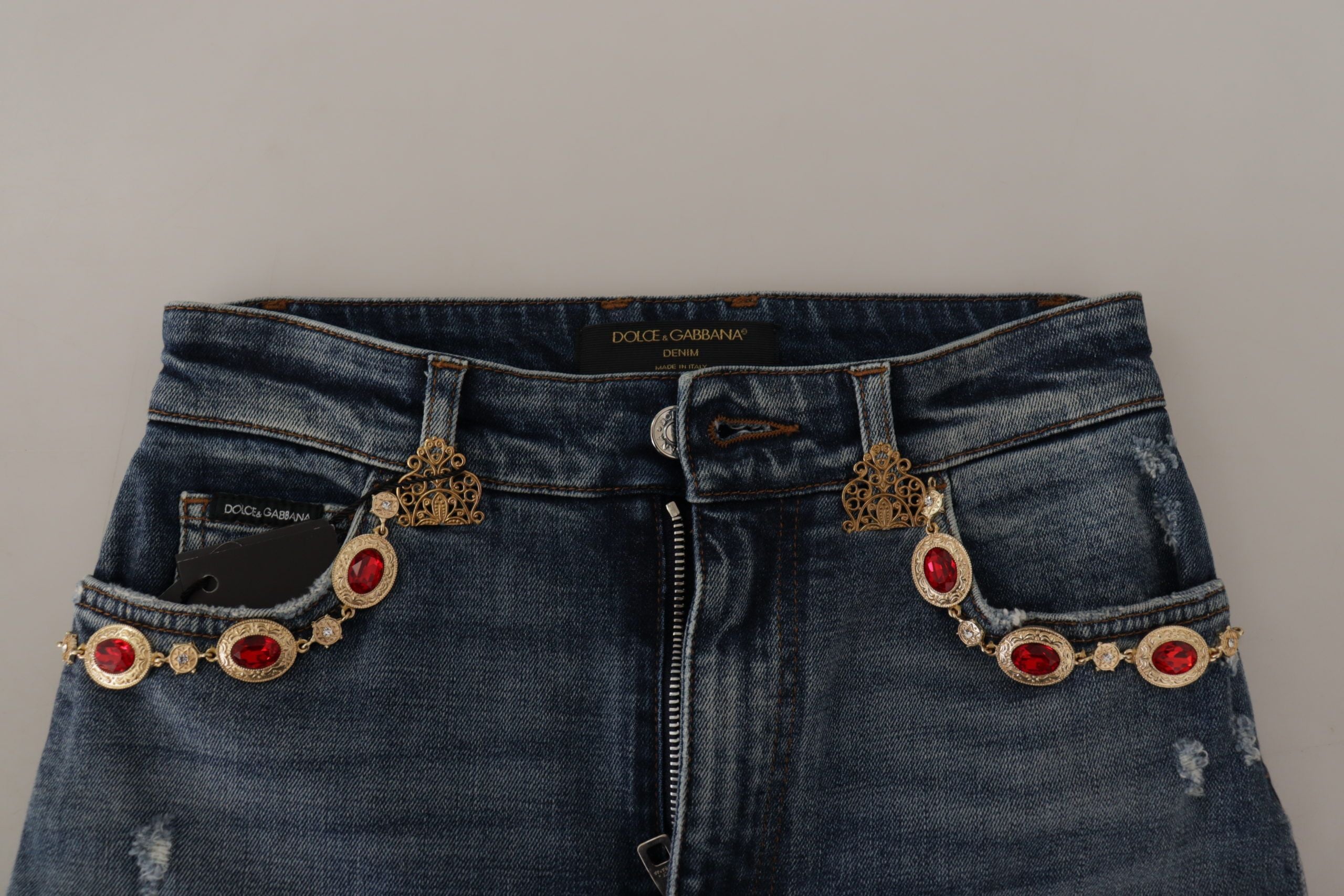 Blue Denim Crystal Embellished Pants Jeans - ventzia