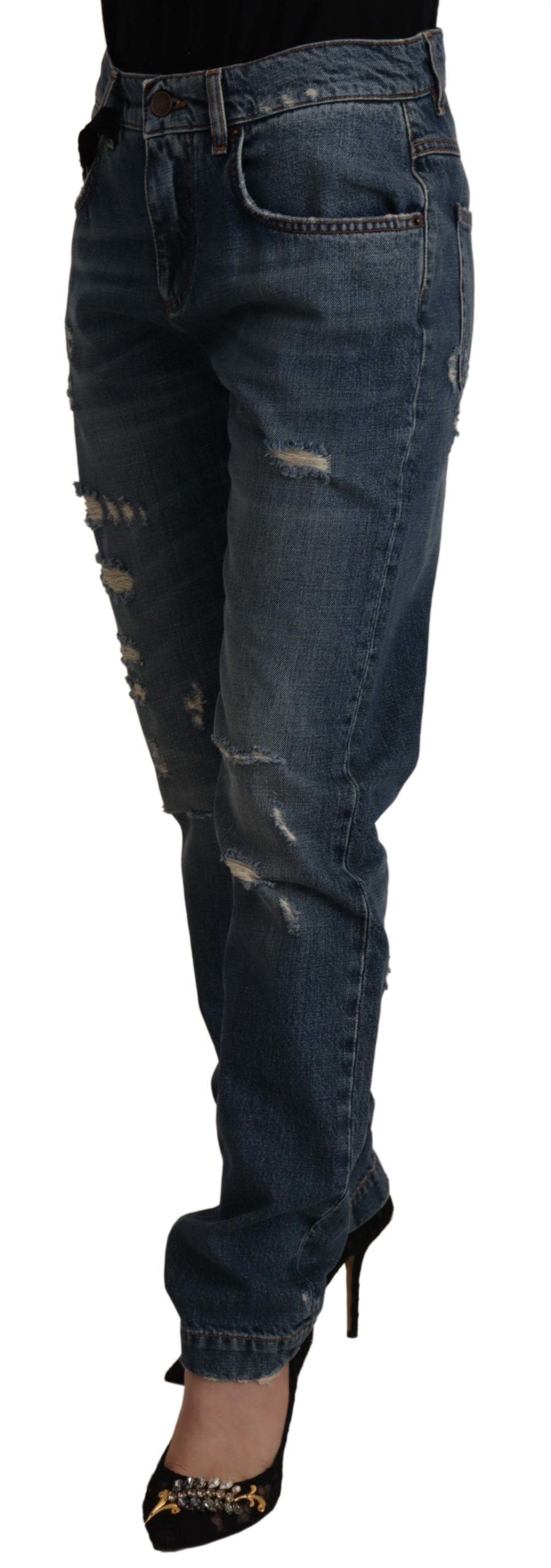 Blue Denim Baroque Heart Logo Patch Pants Jeans - ventzia