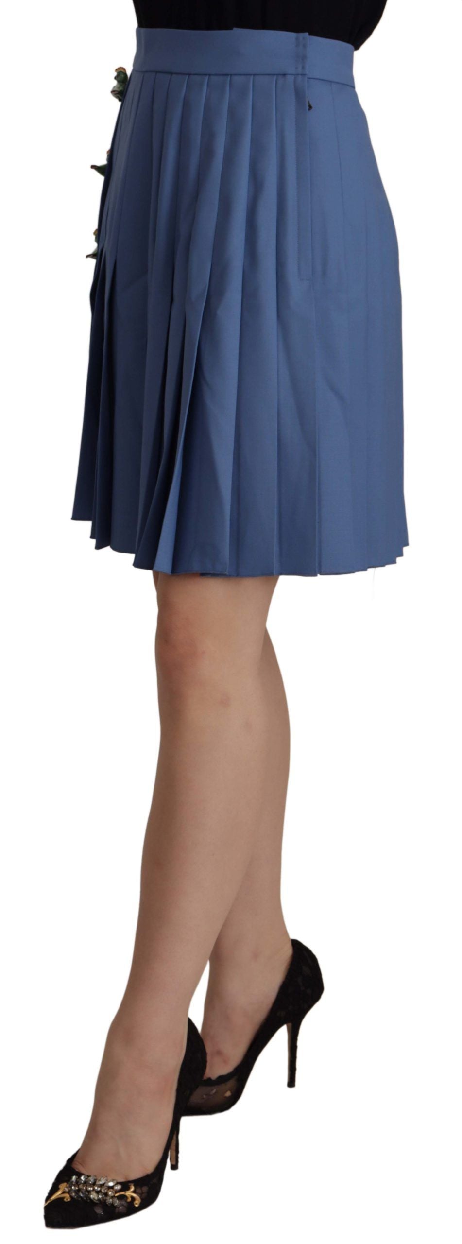 Blue Embellished Pleated Mini Skirt Wool - ventzia