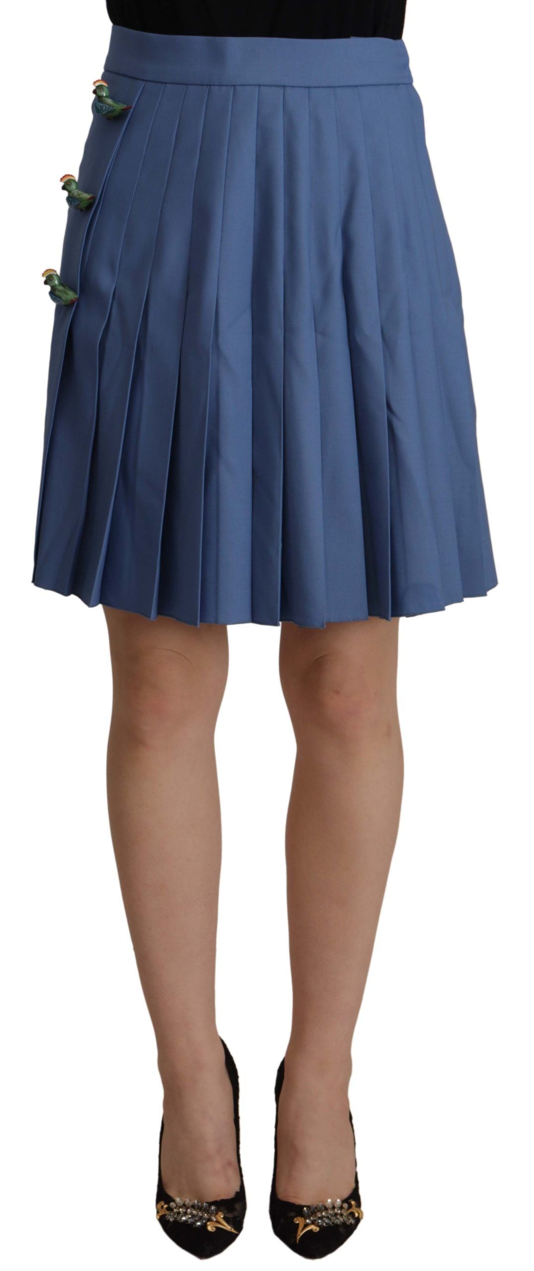 Blue Embellished Pleated Mini Skirt Wool - ventzia