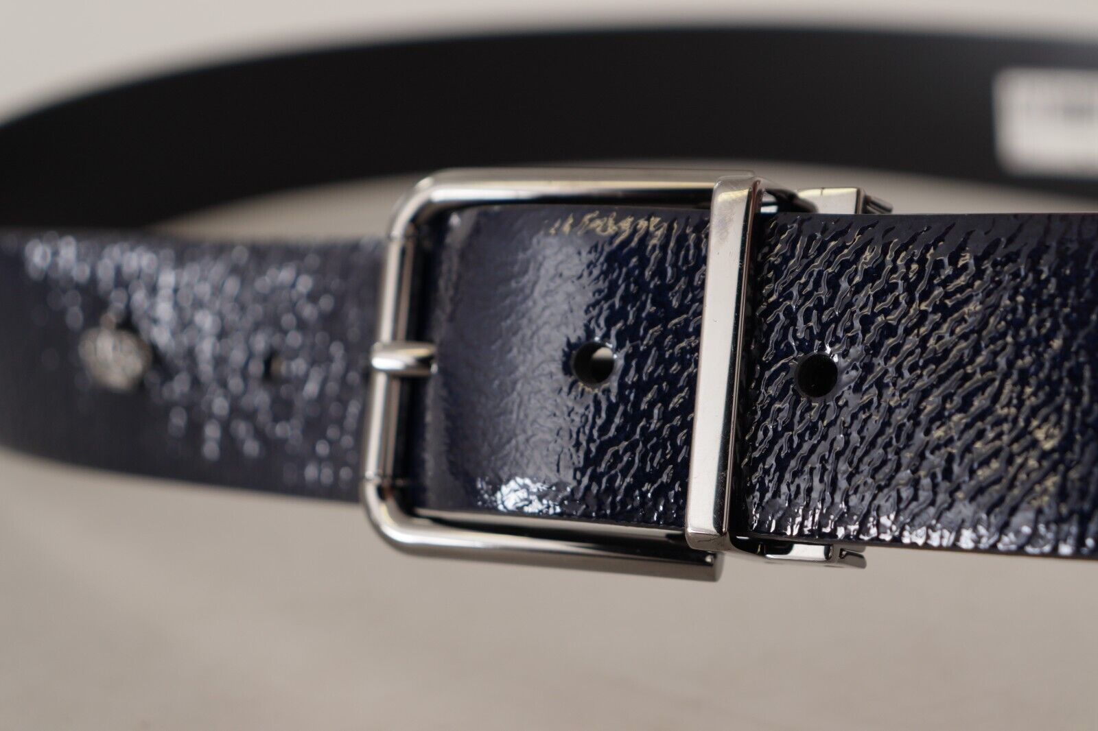 Blue Patent Leather Vernice Silver Logo Buckle Belt - ventzia