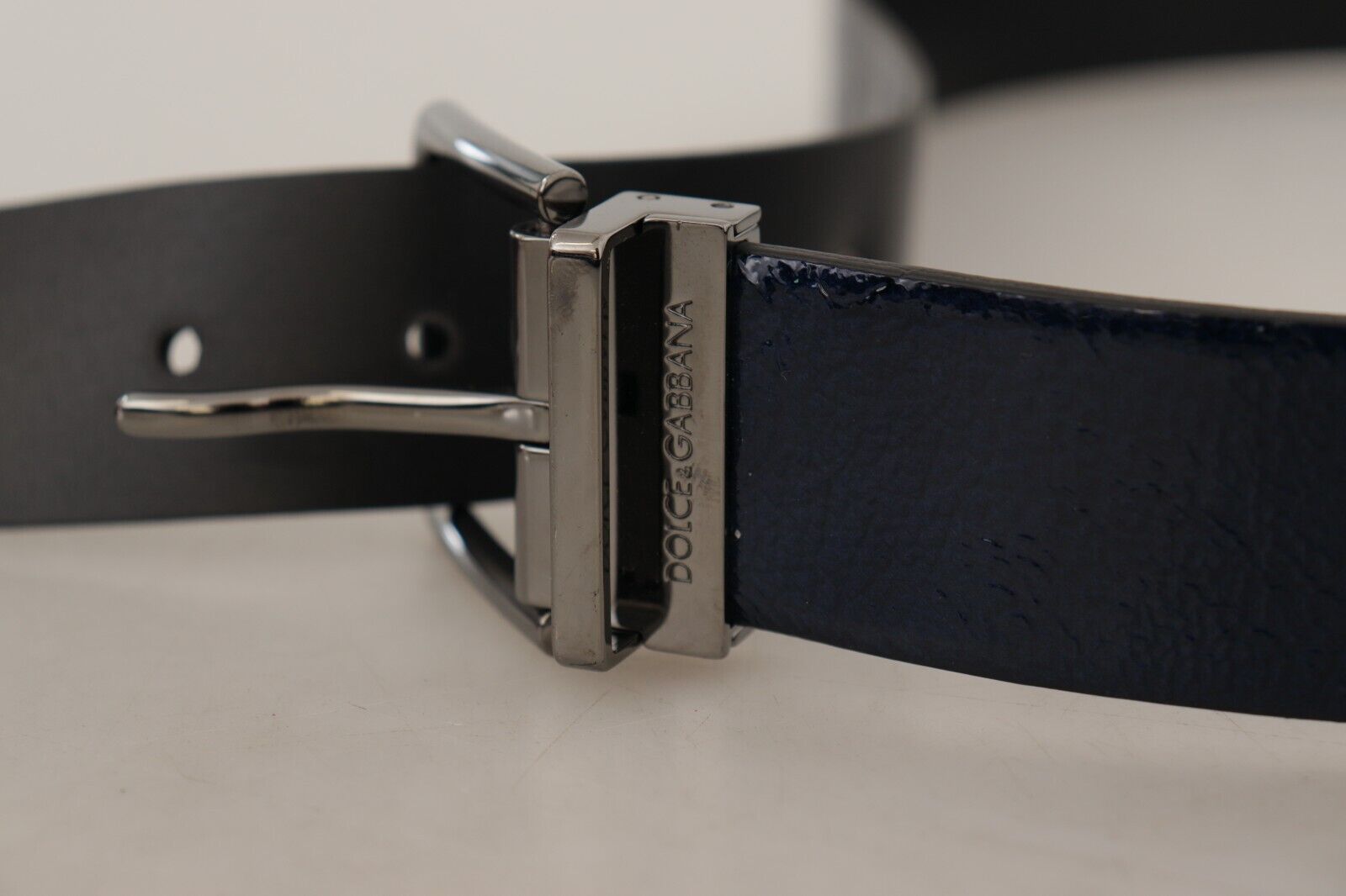 Blue Patent Leather Vernice Silver Logo Buckle Belt - ventzia