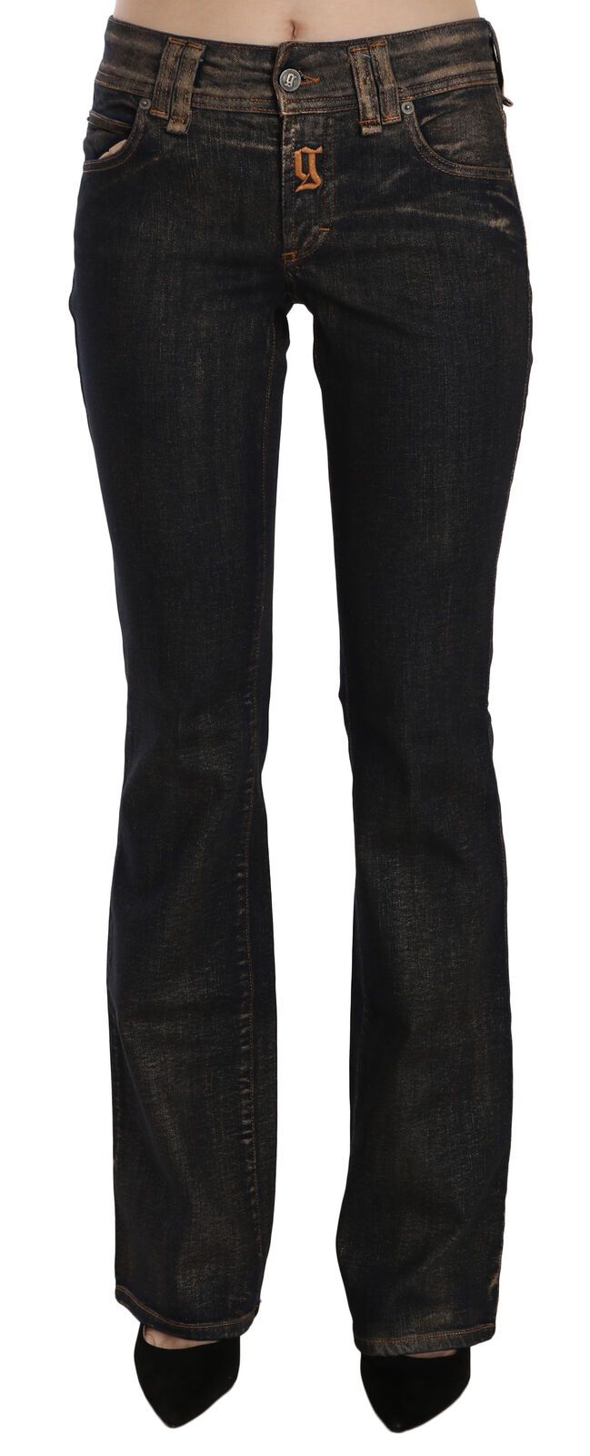 Black Washed Mid Waist Flared Denim Pants Cotton - ventzia