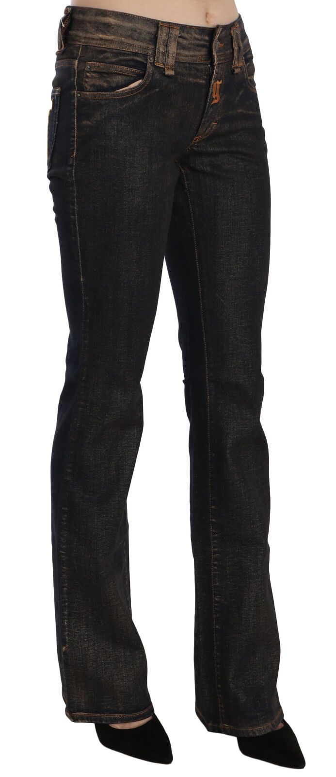 Black Washed Mid Waist Flared Denim Pants Cotton - ventzia