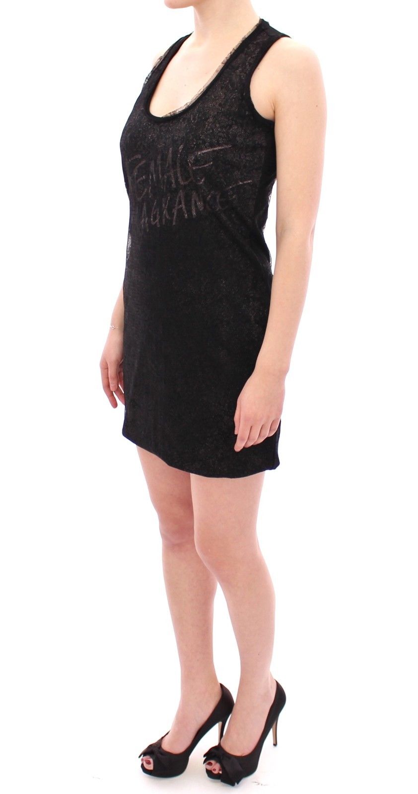 Black Nylon Lace Detail Mini Dress - ventzia